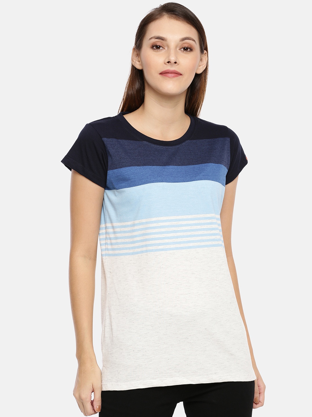 

GOLDSTROMS Women White & Blue Colourblocked Round Neck T-shirt