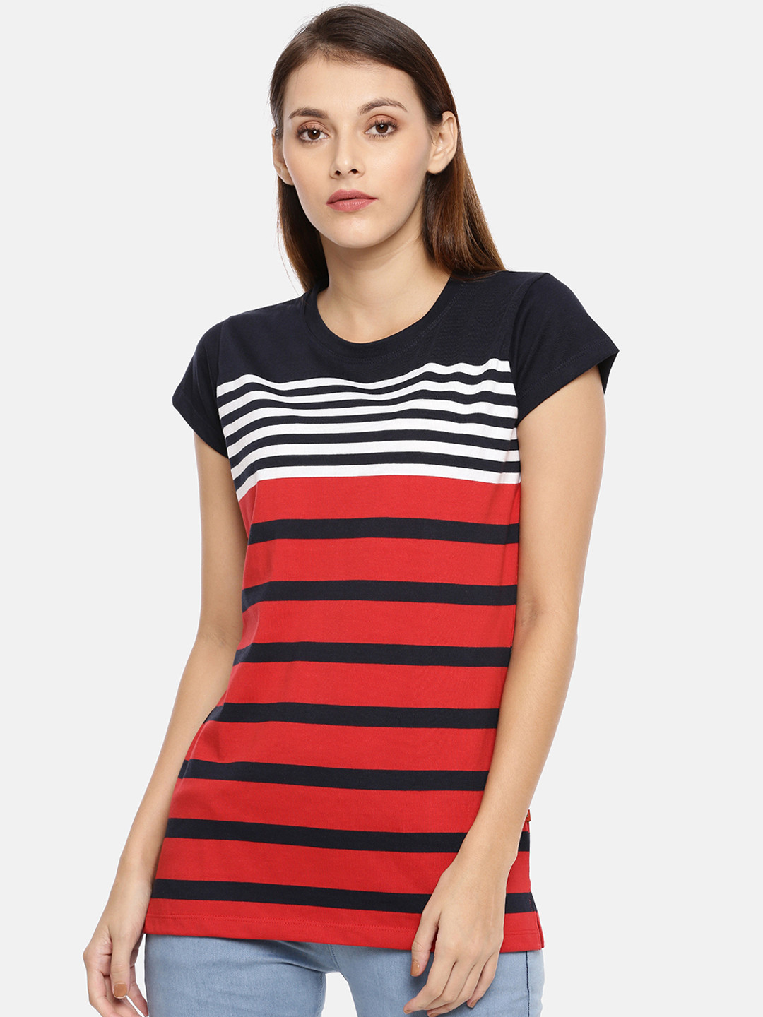 

GOLDSTROMS Women Red & Navy Blue Striped Round Neck T-shirt