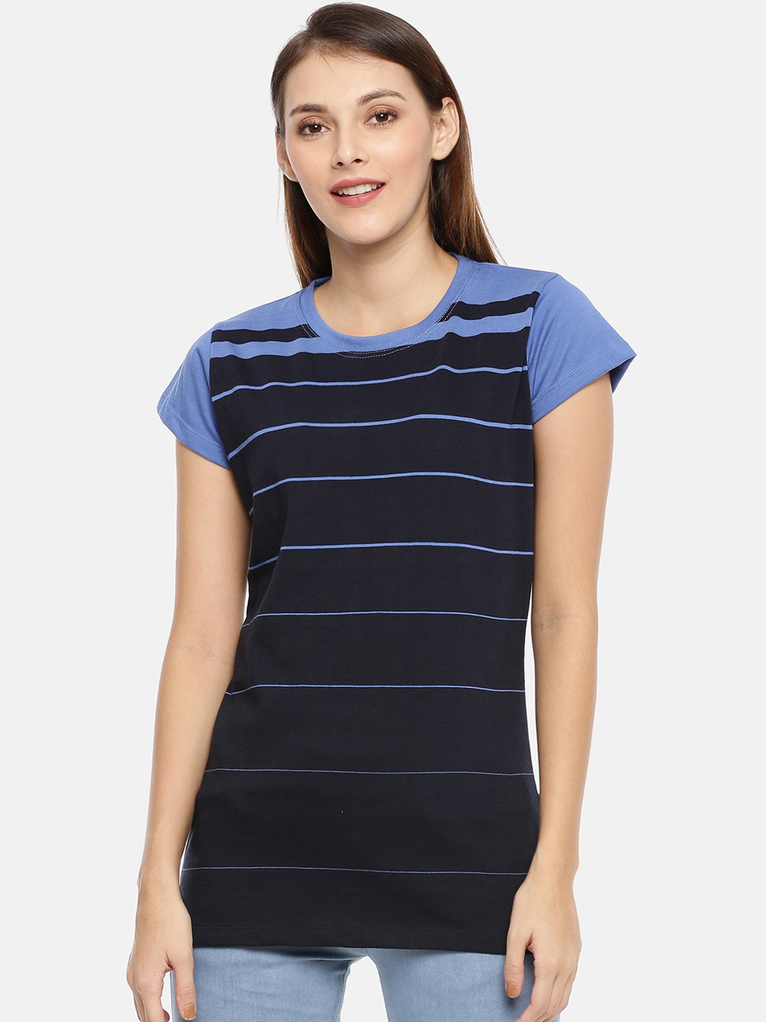

GOLDSTROMS Women Blue Striped Round Neck Pure Cotton T-shirt
