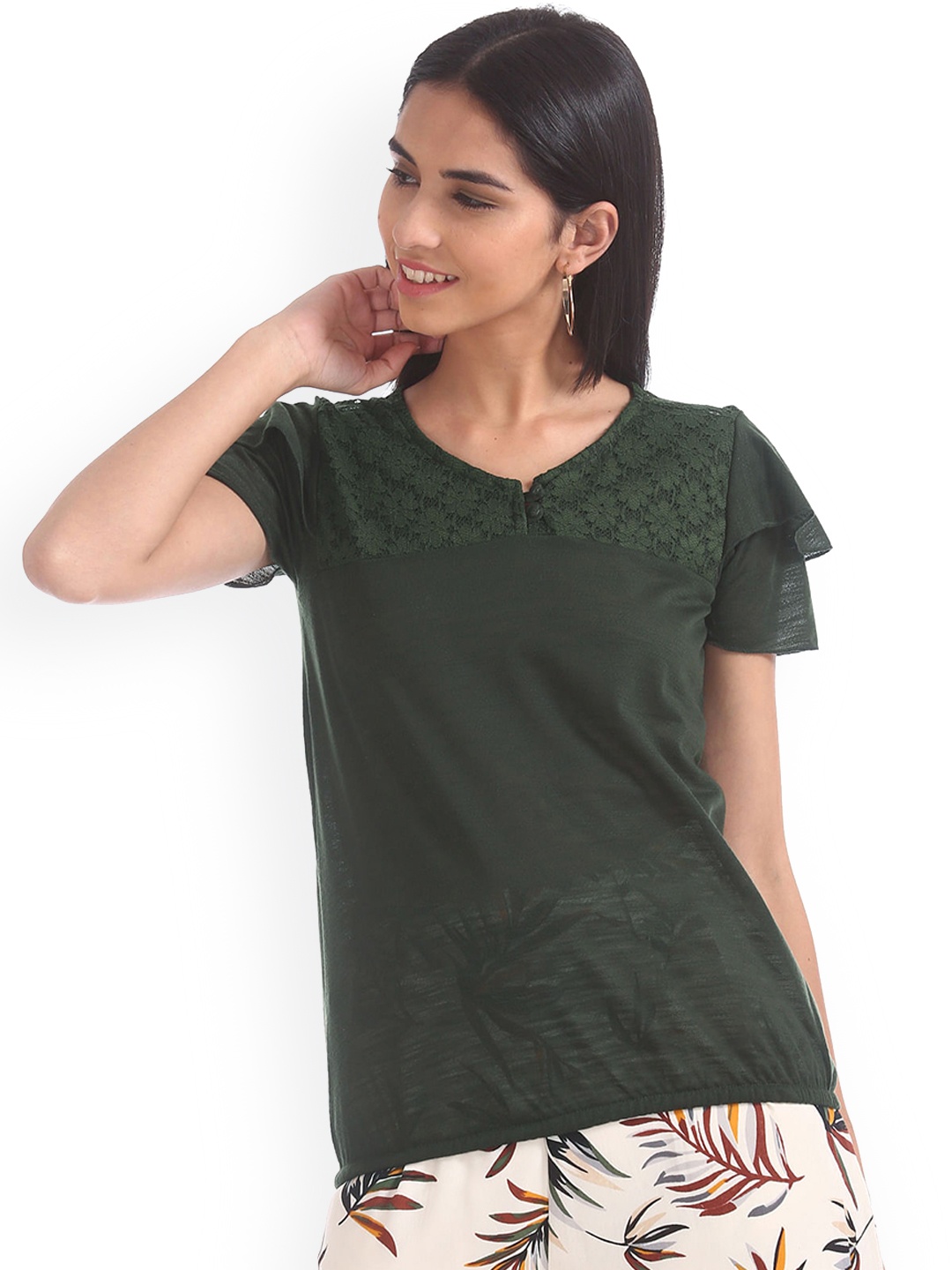 

Sugr Women Olive Green Lace Insert Solid Top