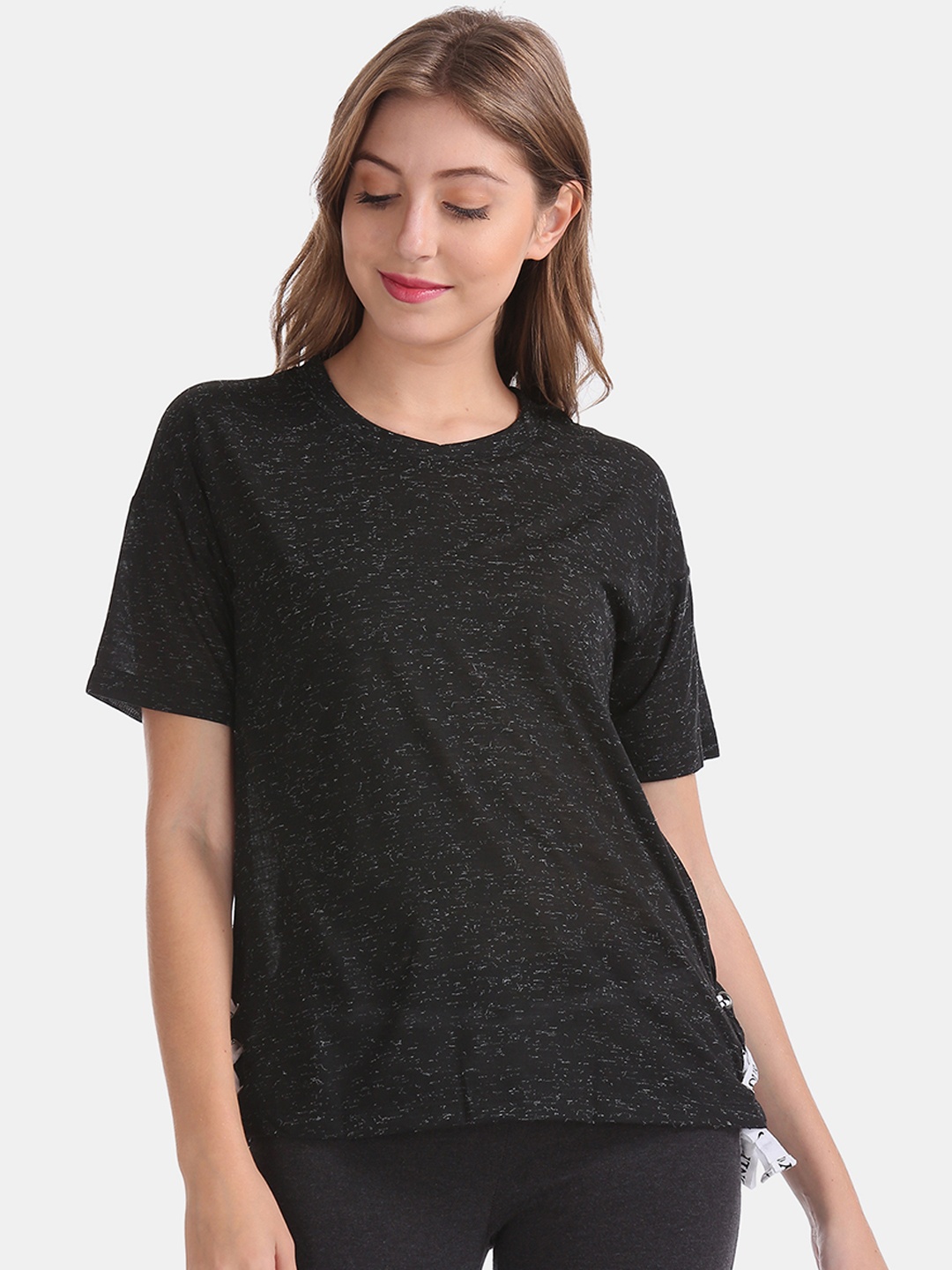 

Sugr Women Black Melange Solid Top with Side Tie-up Detail