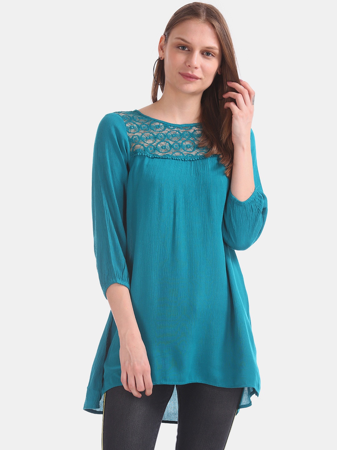 

Cherokee Women Teal Green Solid A-Line Top