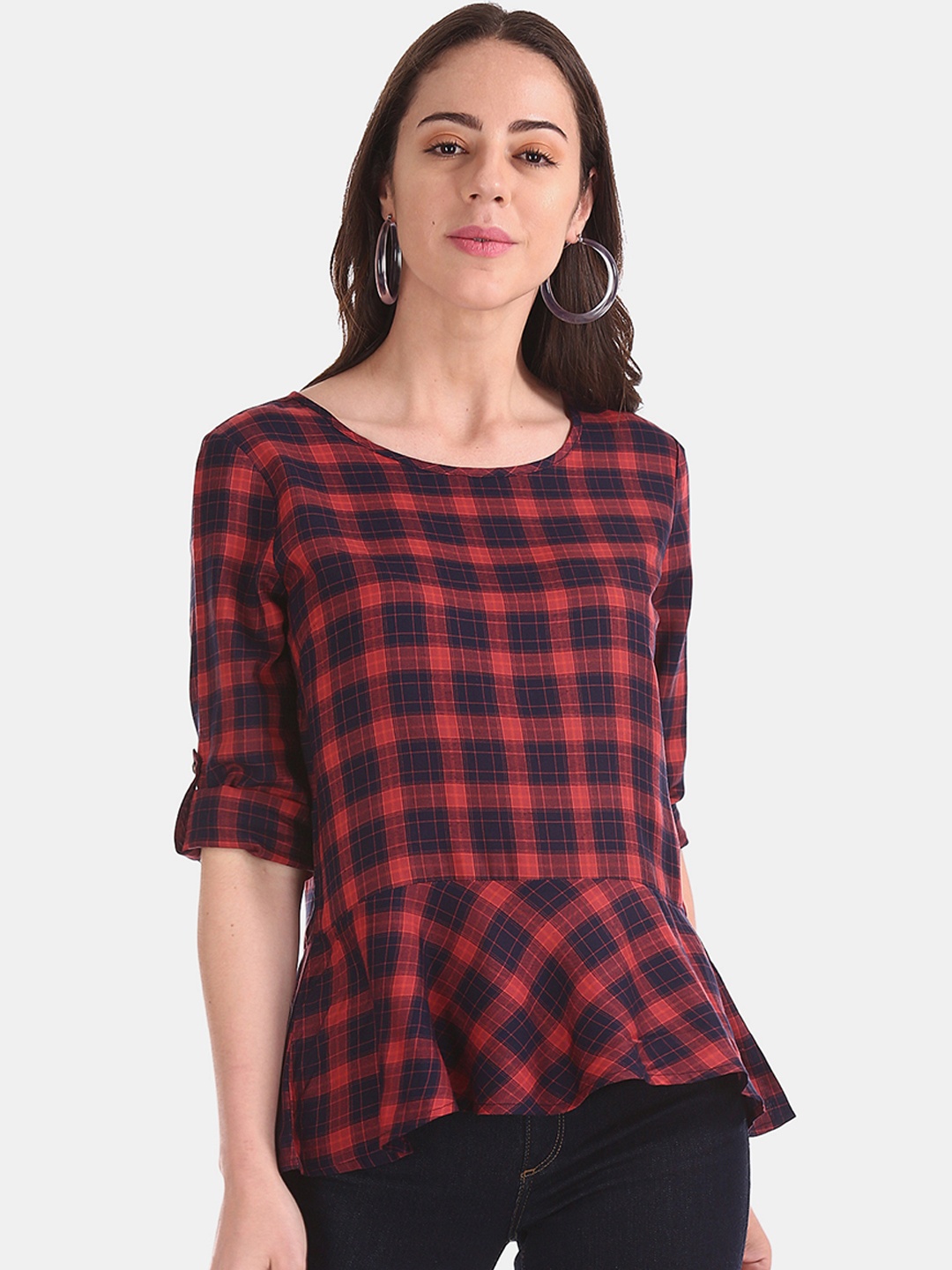 

Cherokee Women Red Checked Peplum Top