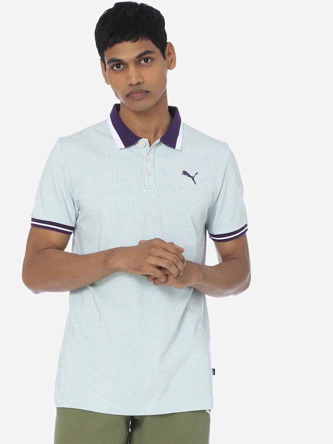 

Puma Men Blue Dotted Polo Collar Jacquard T-shirt