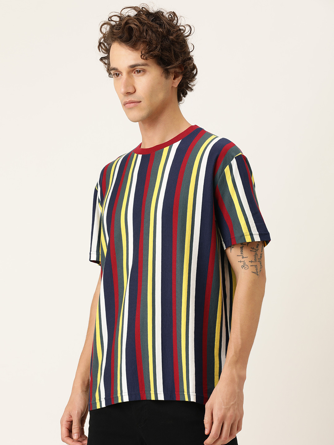 

FOREVER 21 Men Multicoloured Striped Round Neck Pure Cotton T-shirt, Multi