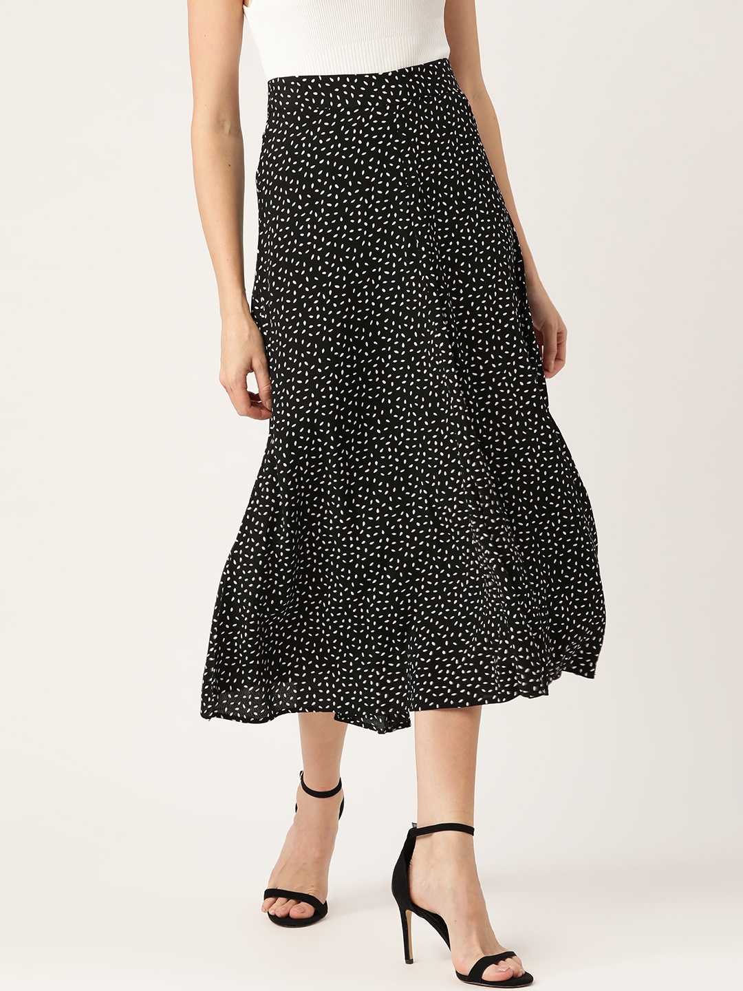 

MANGO Black & Off-White Printed A-Line Skirt