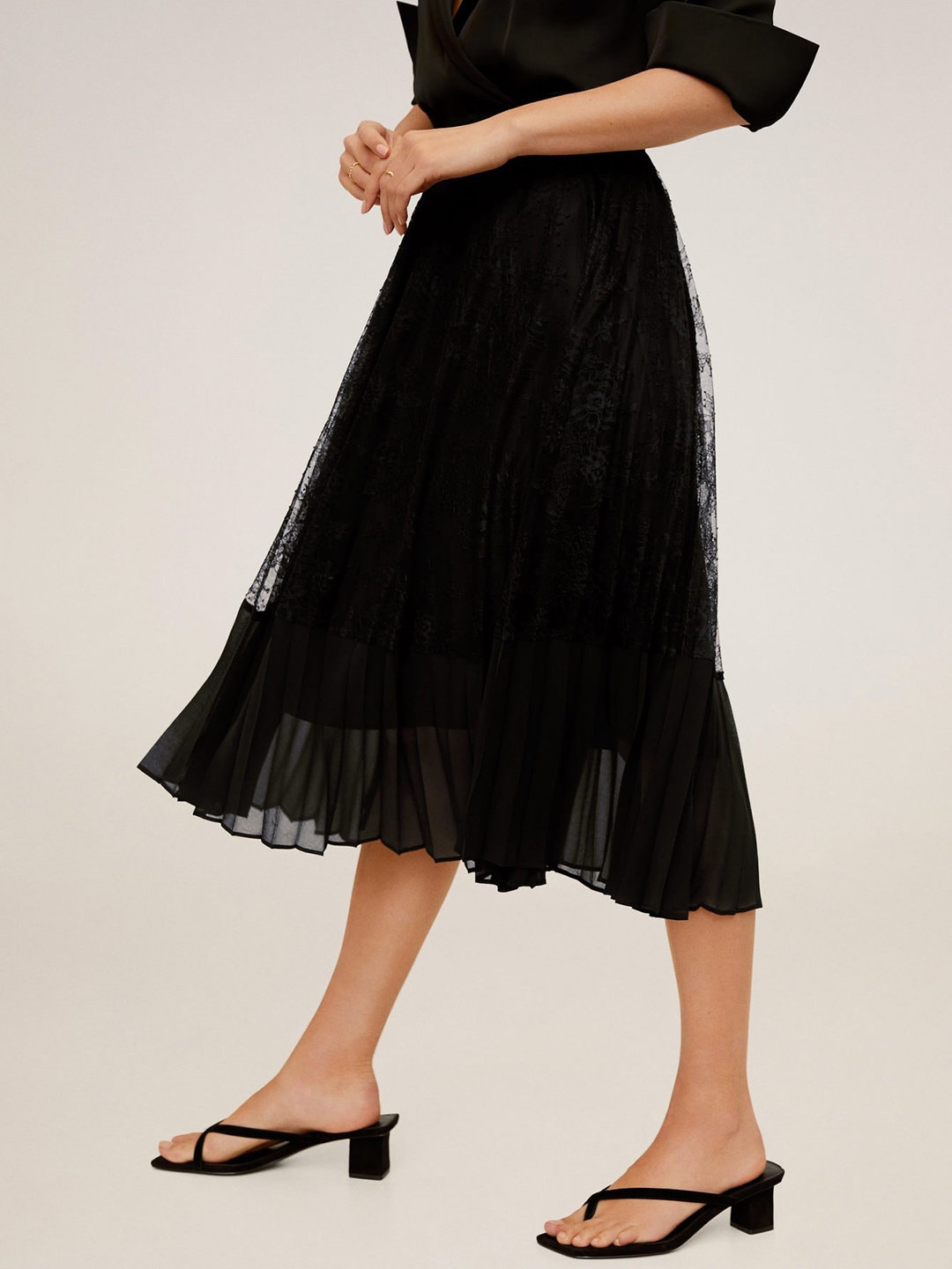 

MANGO Black Lace Midi A-Line Skirt