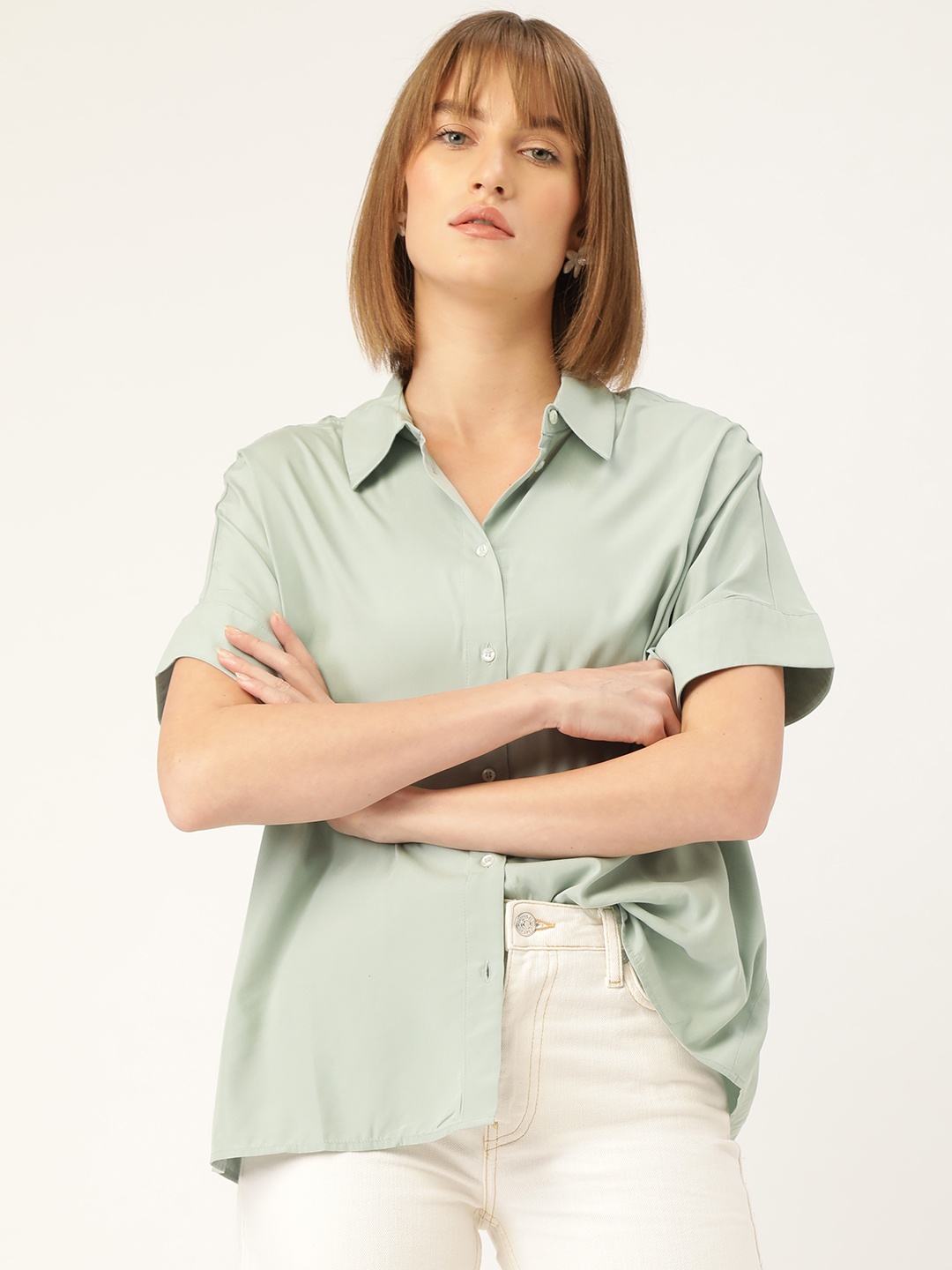 

MANGO Women Sea Green Regular Fit Solid Casual Shirt