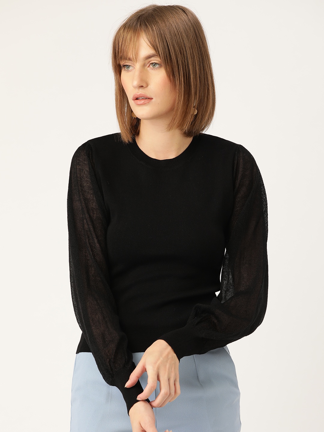 

MANGO Women Black Solid Semi-Sheer Puff Sleeves Fitted Top