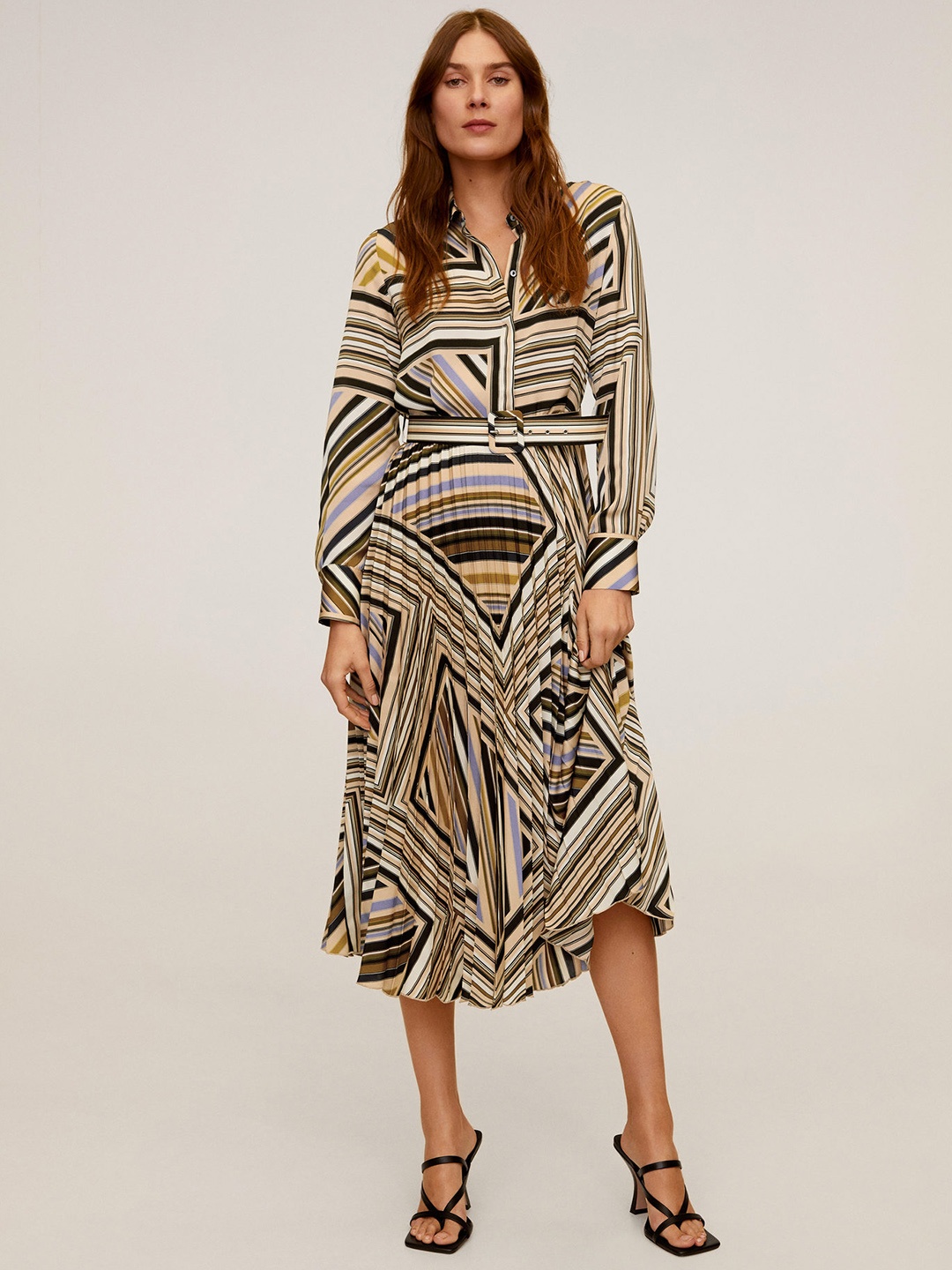 

MANGO Women Cream-Coloured & Black Printed Accordion Pleated A-Line Dress