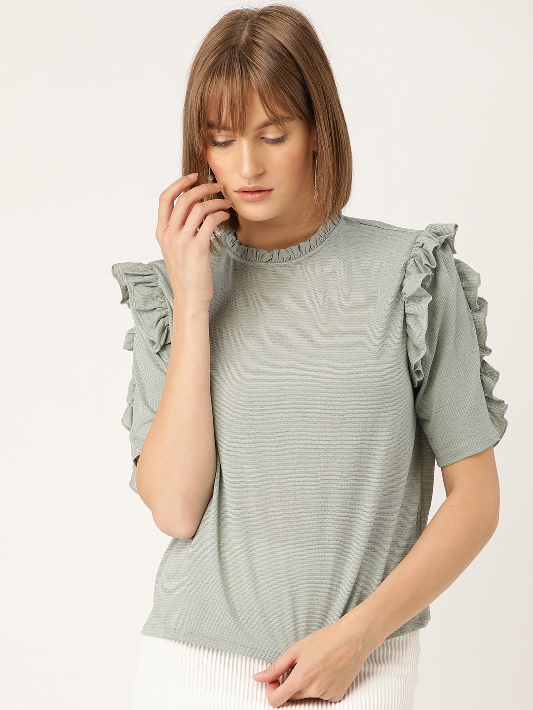 

MANGO Women Sea Green Self-Striped Ruffled Top