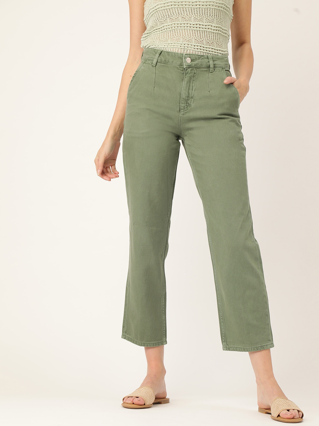 

MANGO Women Olive Green Straight Fit Cropped Mid-Rise Clean Look Jeans