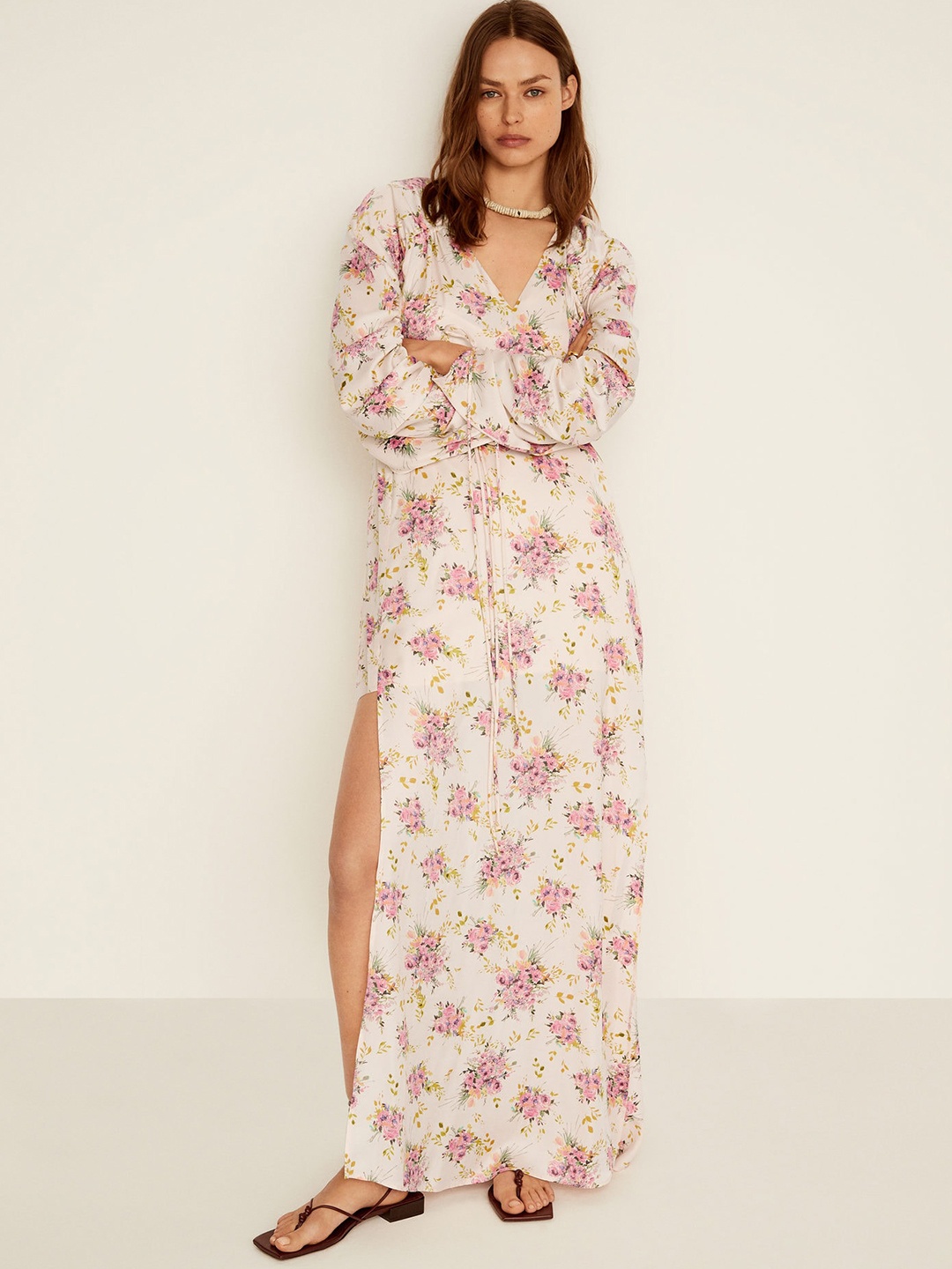 

MANGO Women Off-White & Pink Floral Print Side-Slit Maxi Dress