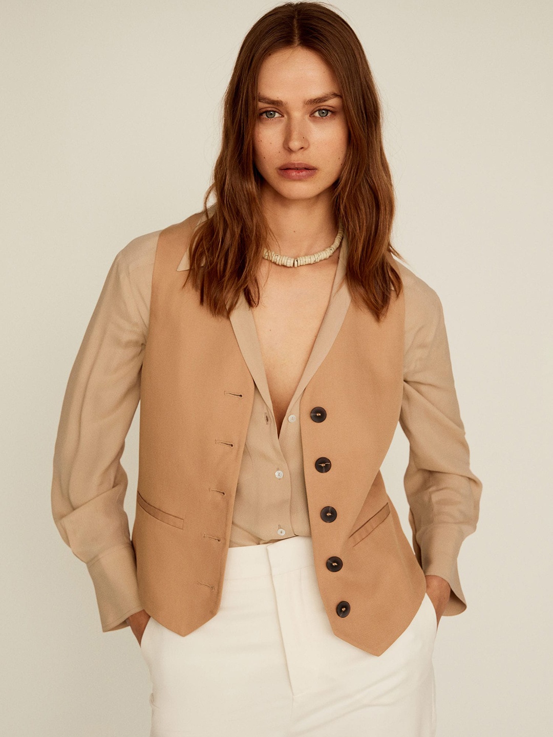 

MANGO Women Beige Solid Single-Breasted Waistcoat