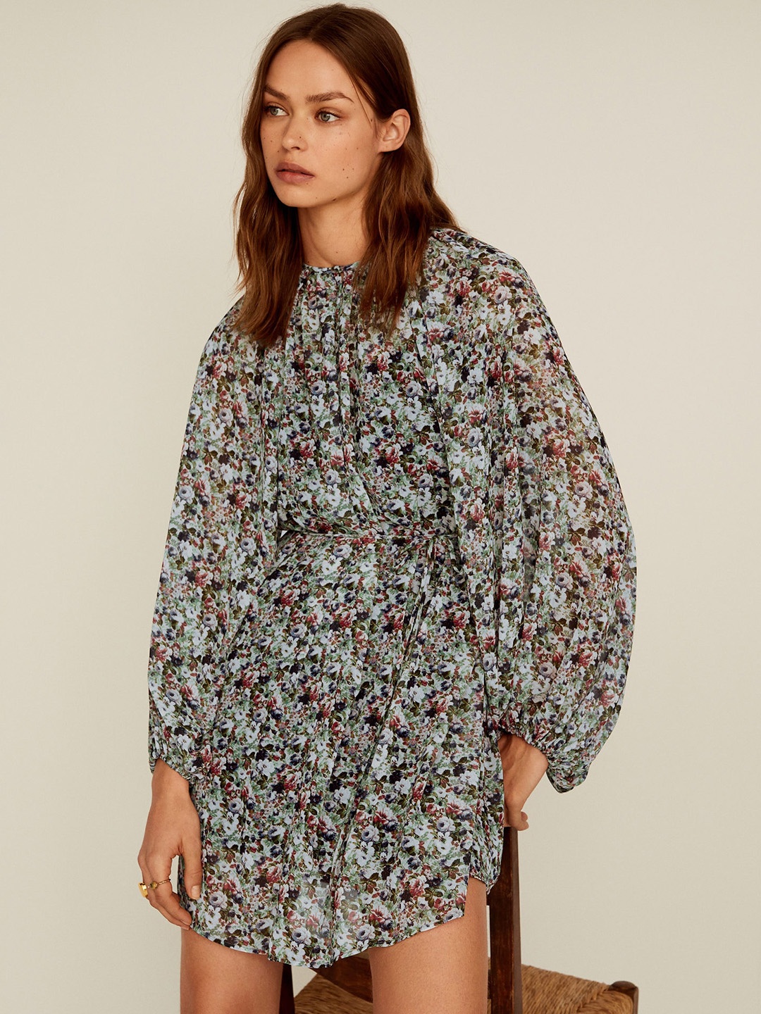 

MANGO Women White & Blue Floral Print A-Line Dress