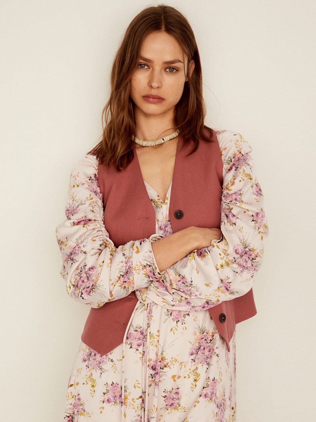 

MANGO Women Pink Solid Single-Breasted Waistcoat