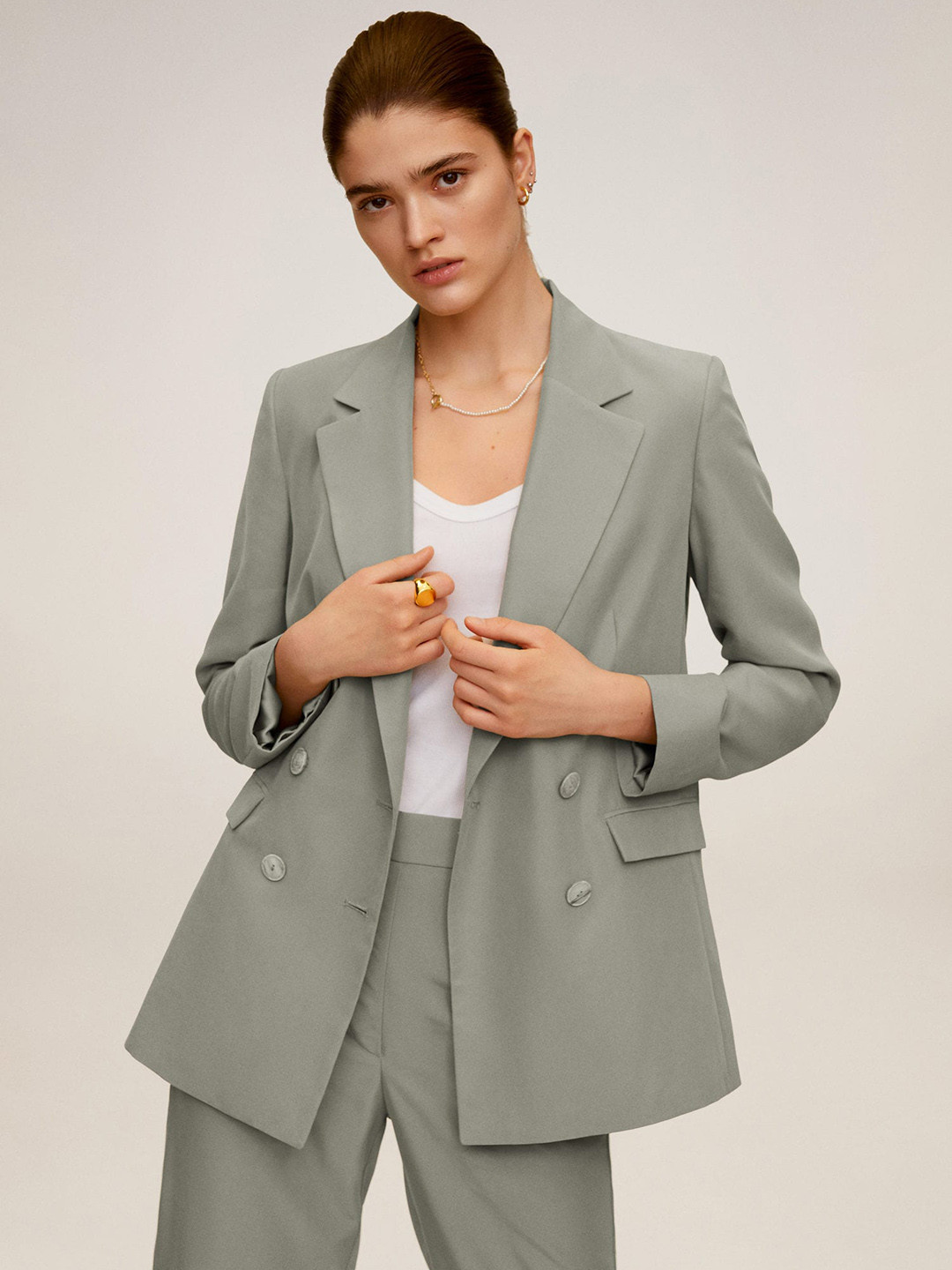 

MANGO Women Grey Solid Double-Breasted Formal Blazer