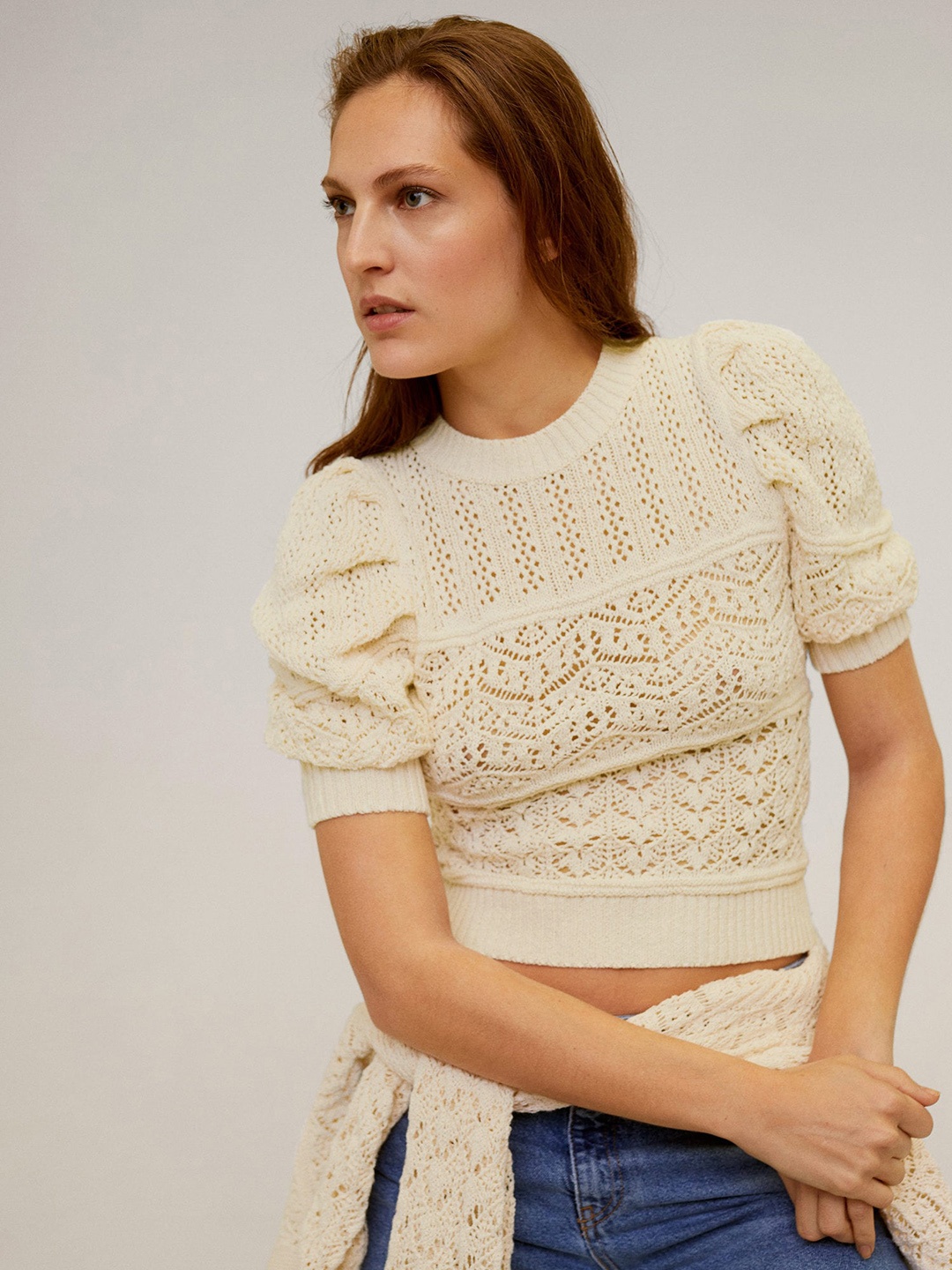 

MANGO Women Off-White Self Design Pullover Cropped Shambala Sweater