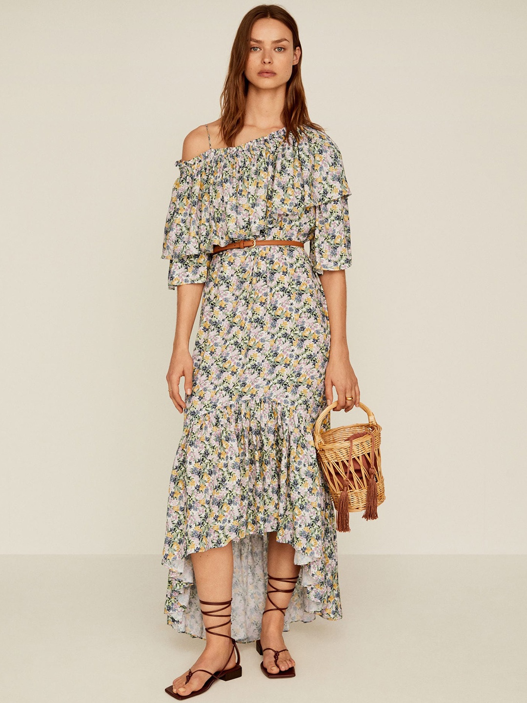 

MANGO Women Off-White & Pink Floral Printed Layered Maxi Dress