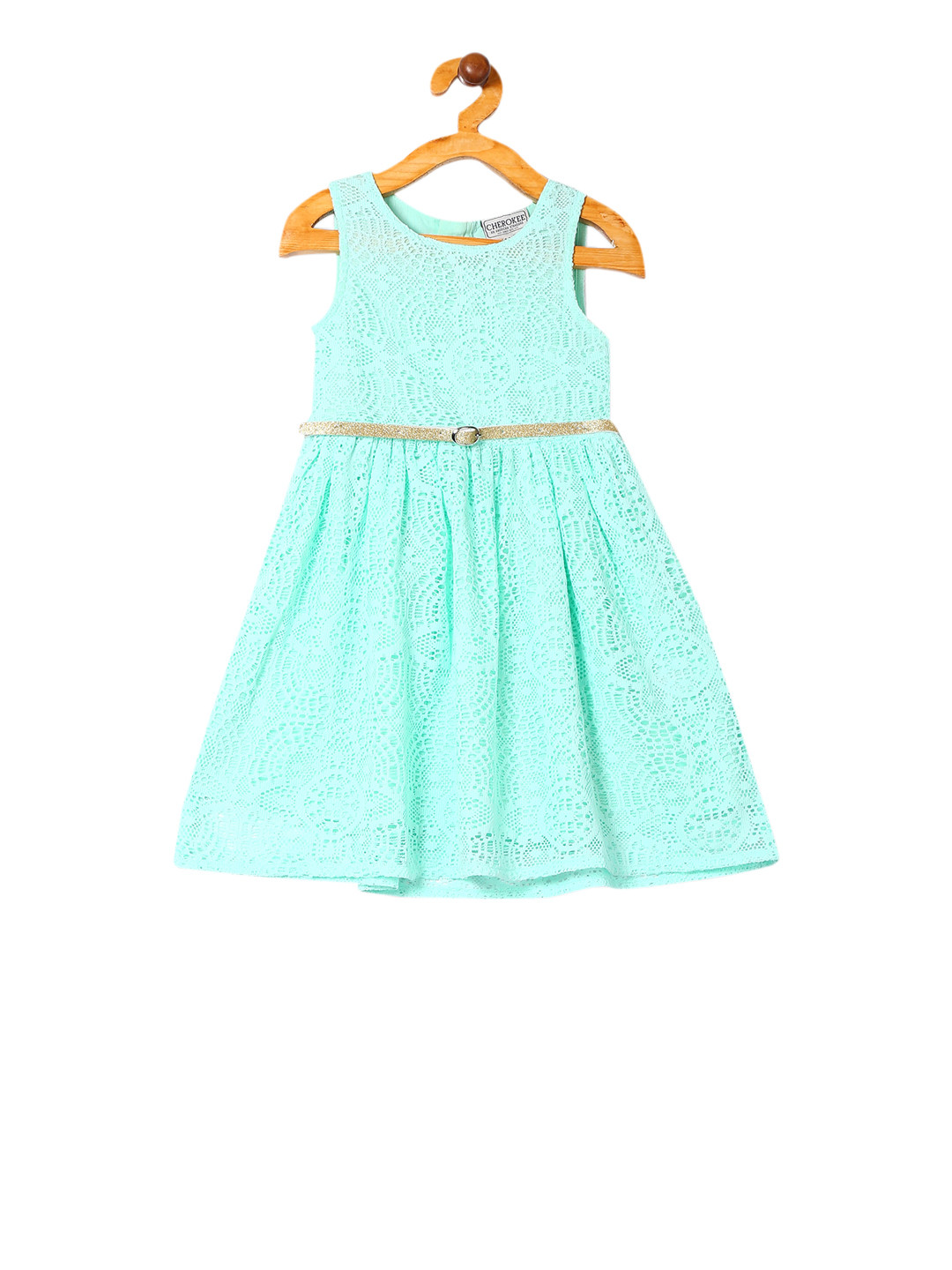

Cherokee Girls Sea Green Self Design Lace Fit and Flare Dress