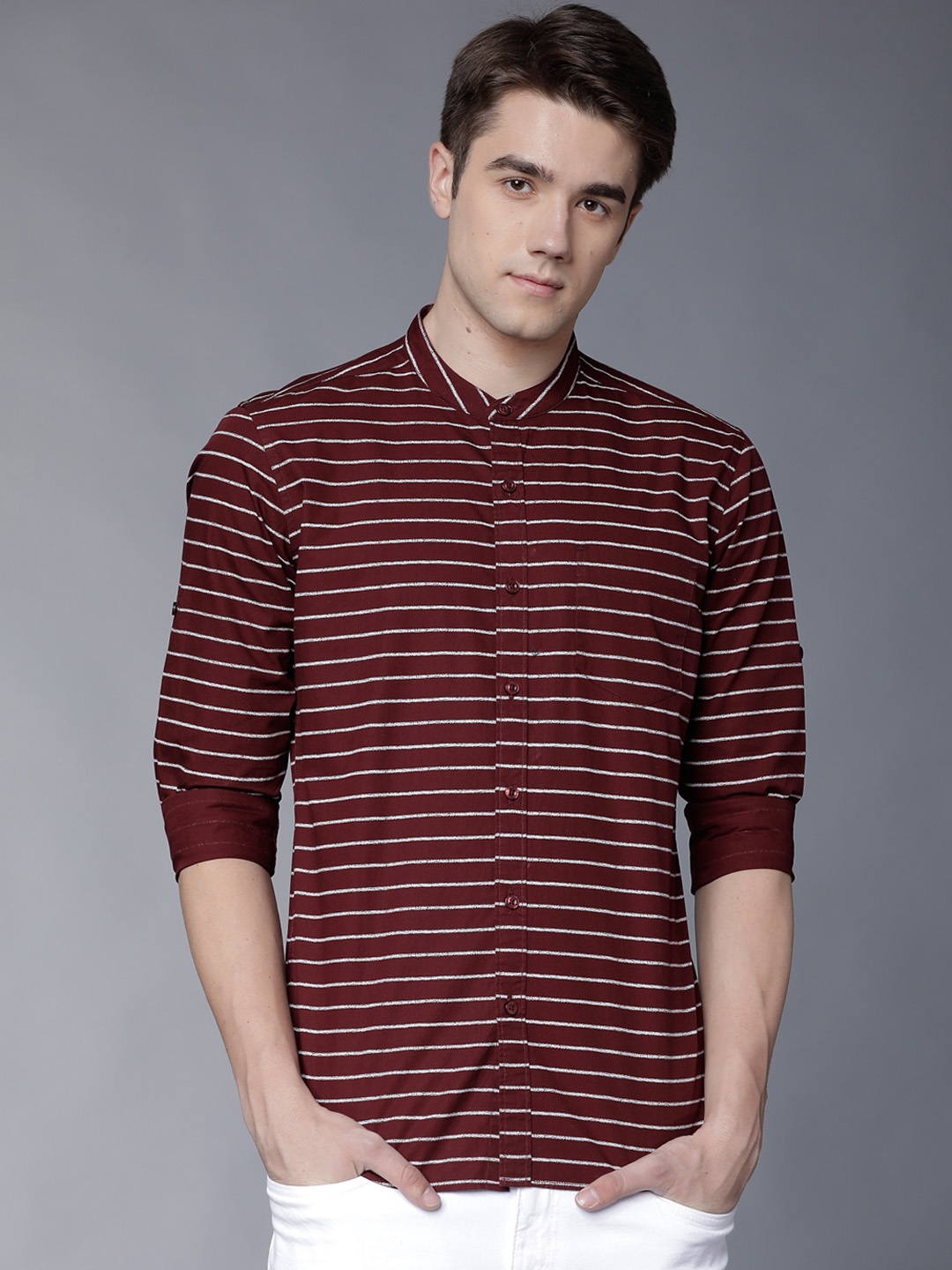 

HIGHLANDER Men Maroon & White Slim Fit Striped Casual Shirt