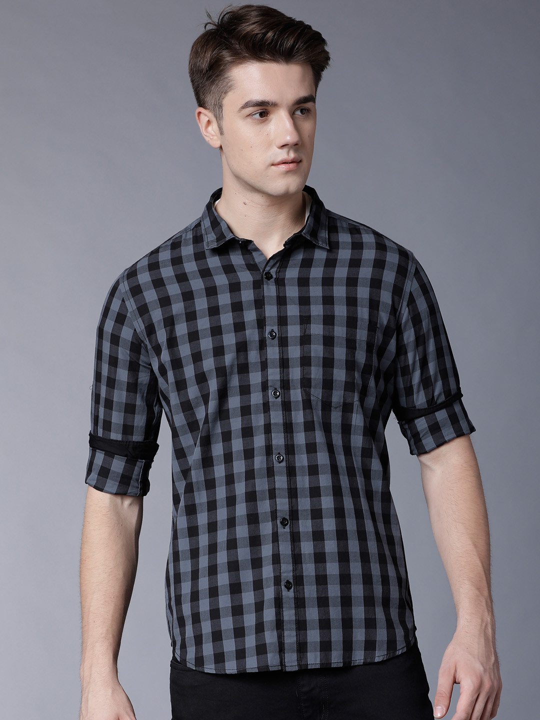 

HIGHLANDER Men Black & Grey Slim Fit Checked Casual Shirt