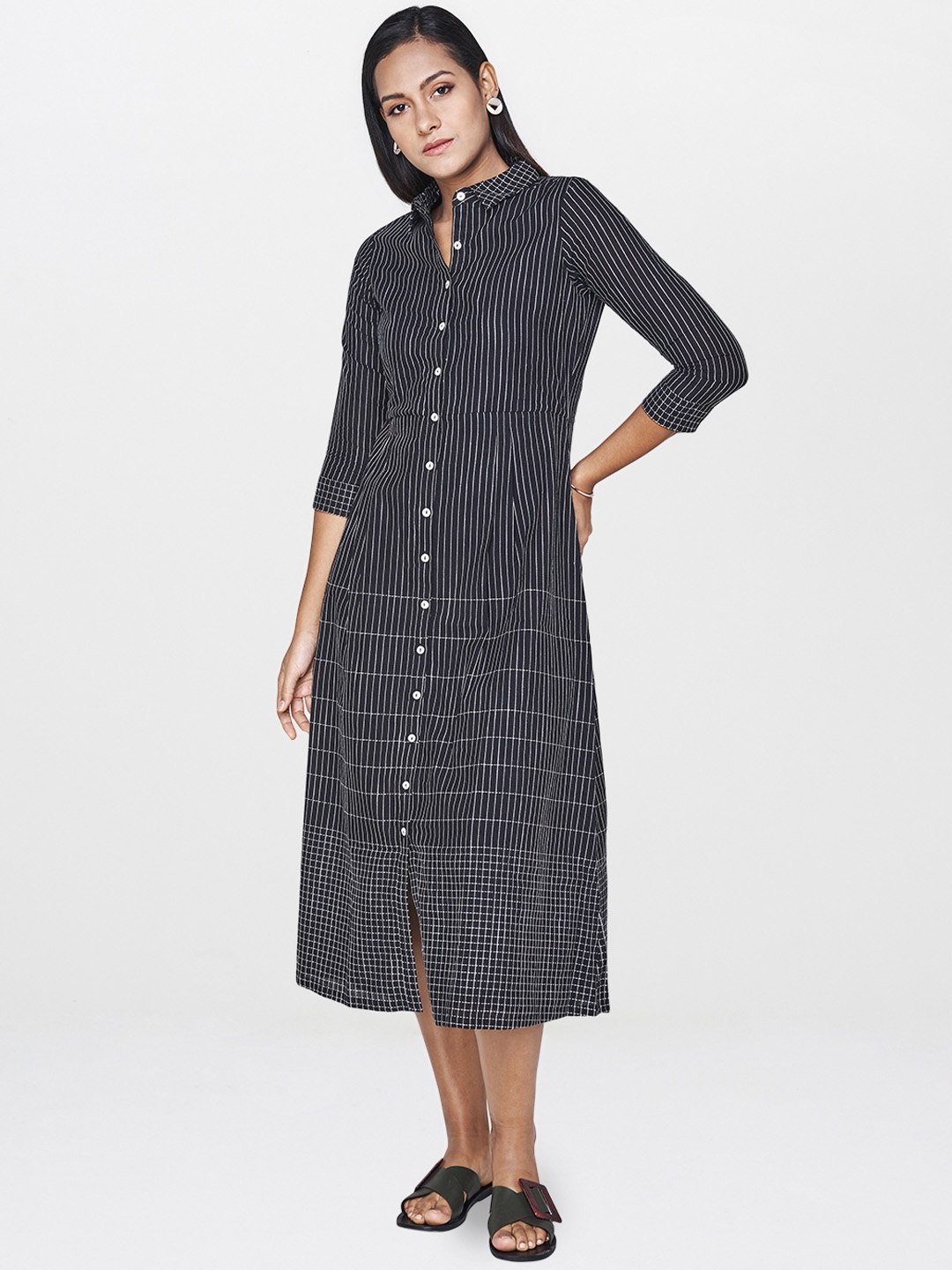 

AND Women Black & White Striped Shirt Dress