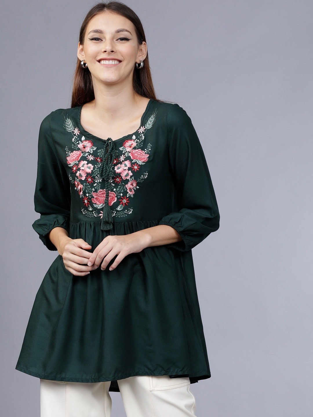 

Tokyo Talkies Women Green Embroidered A-Line Top