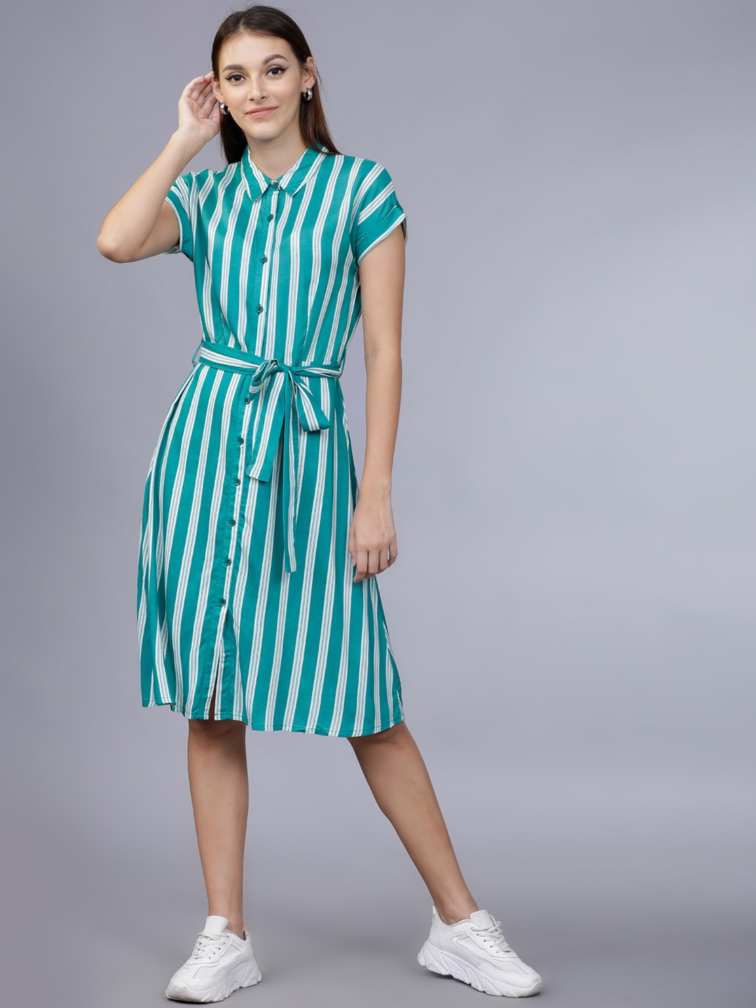 

Tokyo Talkies Women Teal Striped Shirt Dress