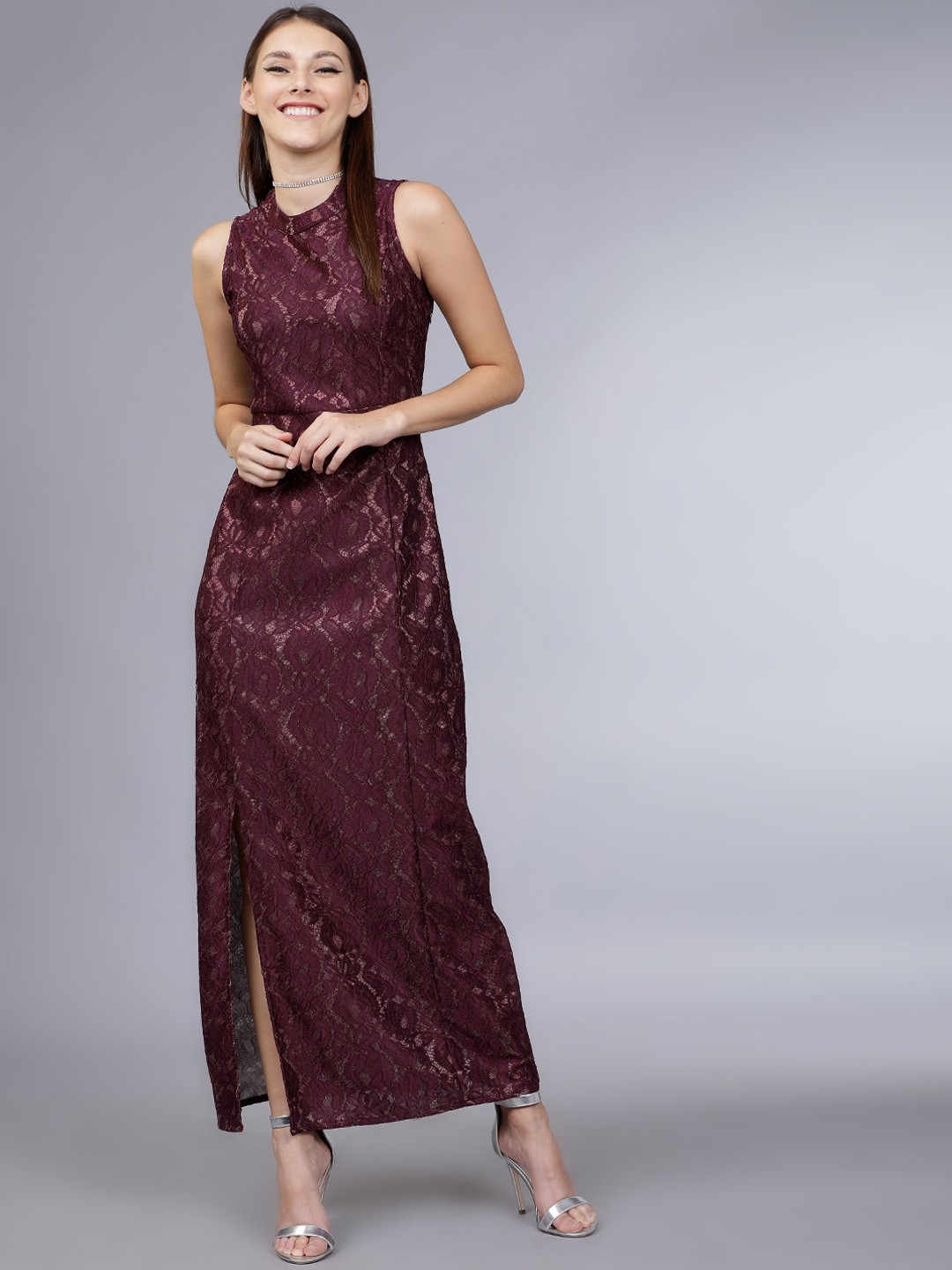 

Tokyo Talkies Women Maroon Self Design Maxi Dress