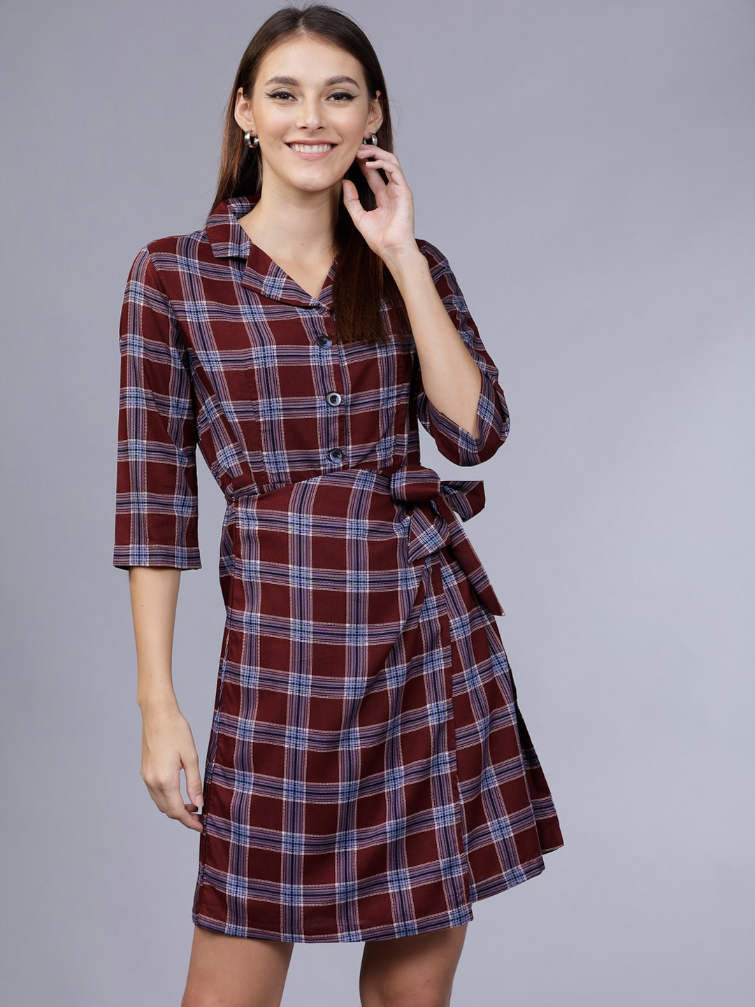 

Tokyo Talkies Women Burgundy & Blue Checked Wrap Dress Wit Tie-Up Detailing
