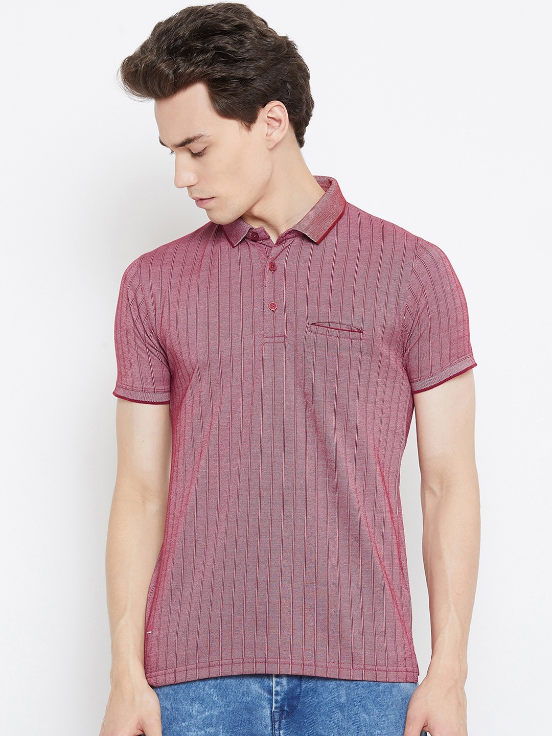 

Okane Men Maroon & White Striped Polo Collar T-shirt