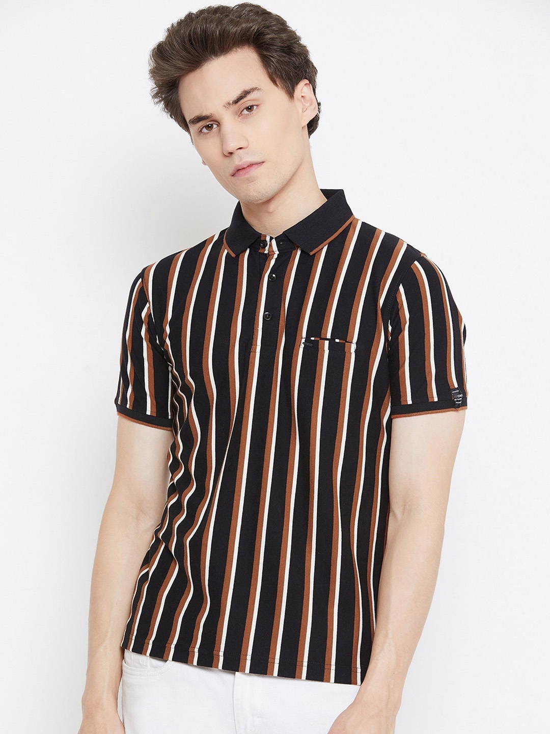 

Okane Men Black & Brown Striped Polo Collar T-shirt