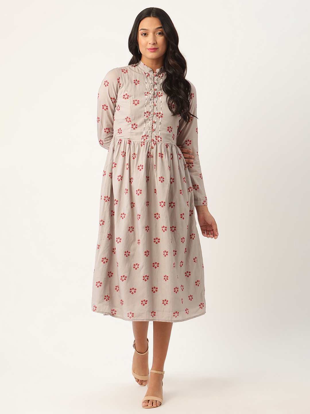 

ROOTED Women Grey & Red Floral Printed Shirt Dress