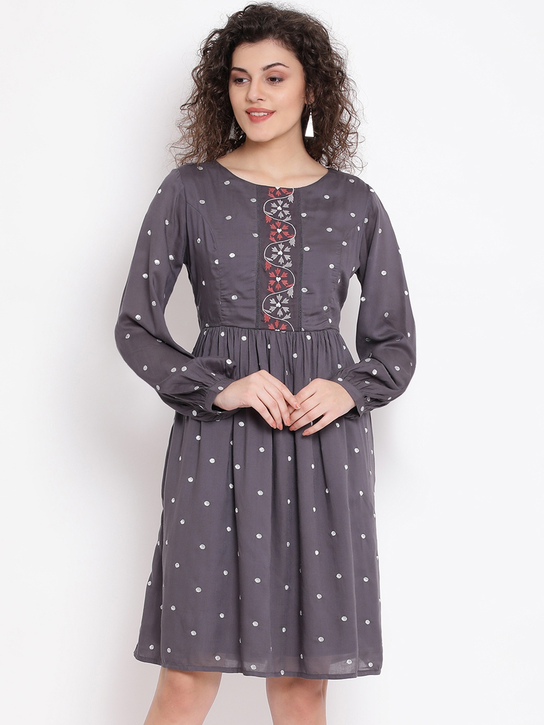 

ROOTED Women Grey Polka Dots Printed Fit and Flare Dress