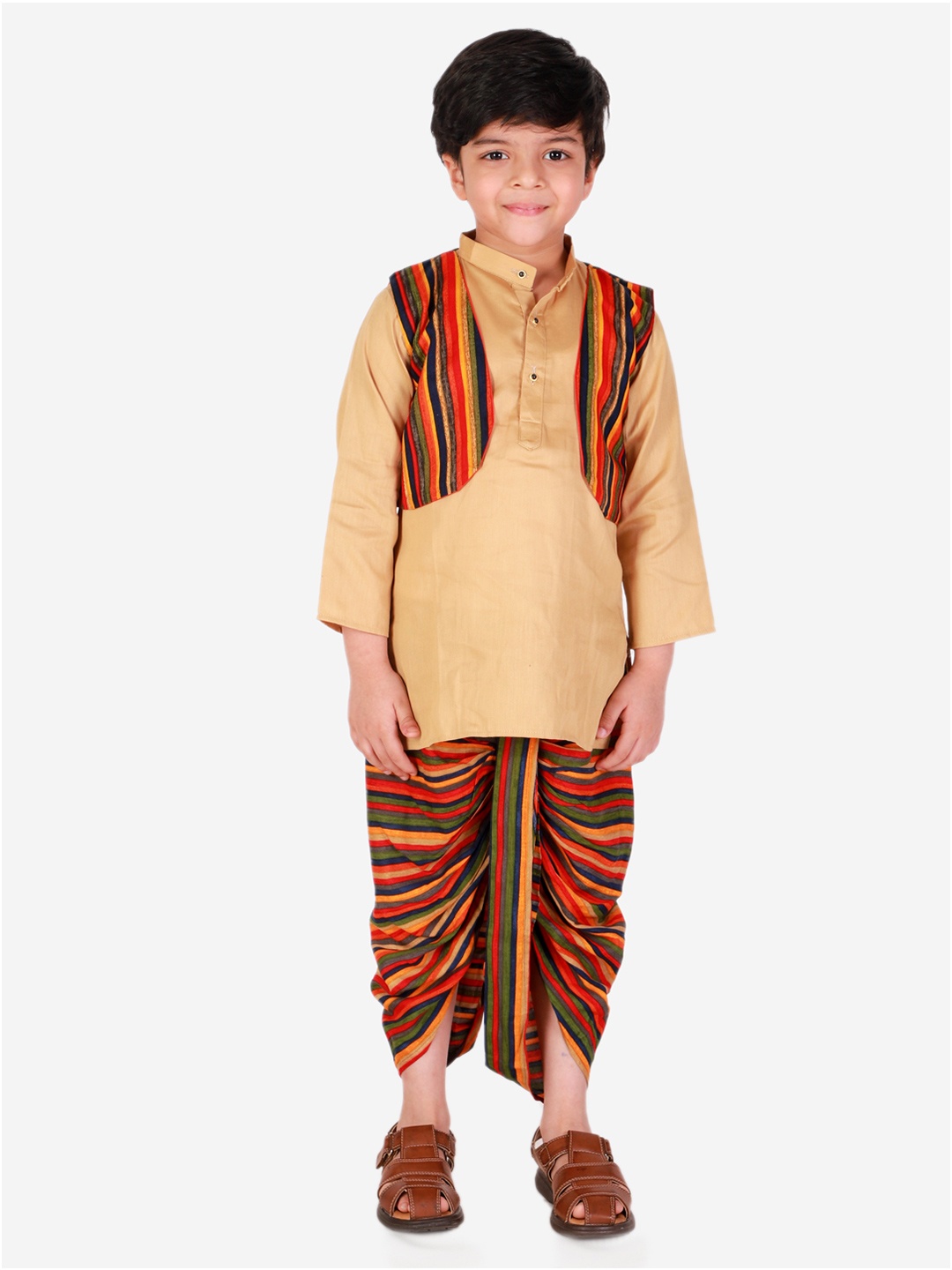 

Superminis Boys Beige & Red Solid Kurta with Dhoti Pants & Ethnic Jacket