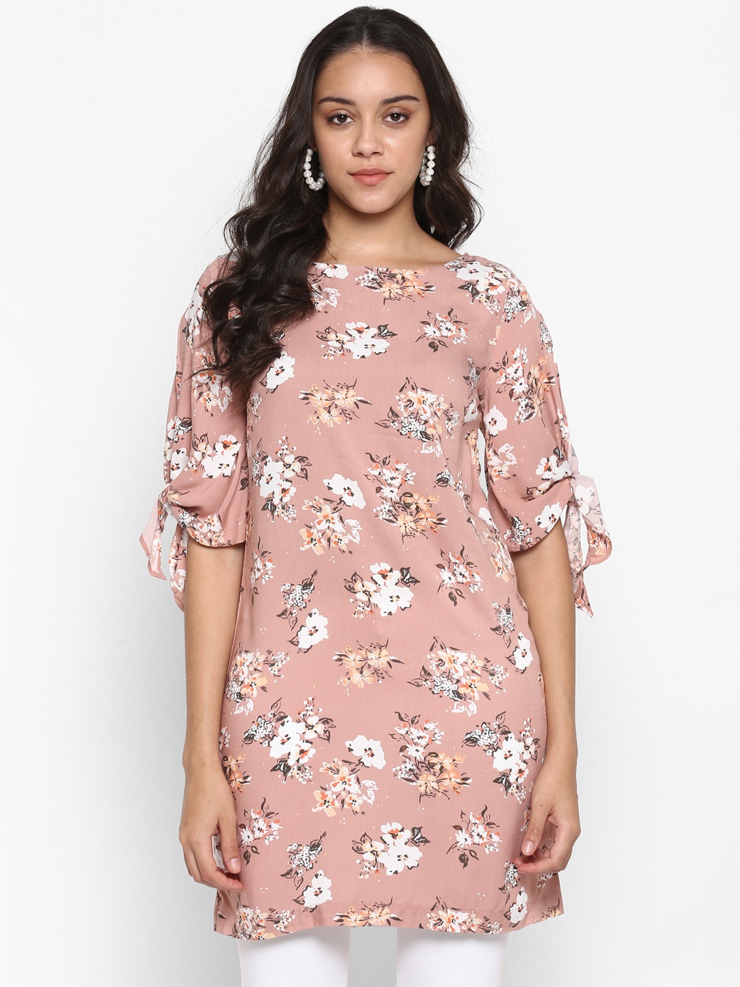 

Mode by Red Tape Women's Peach-Coloured & Off-White Floral Printed Tunic
