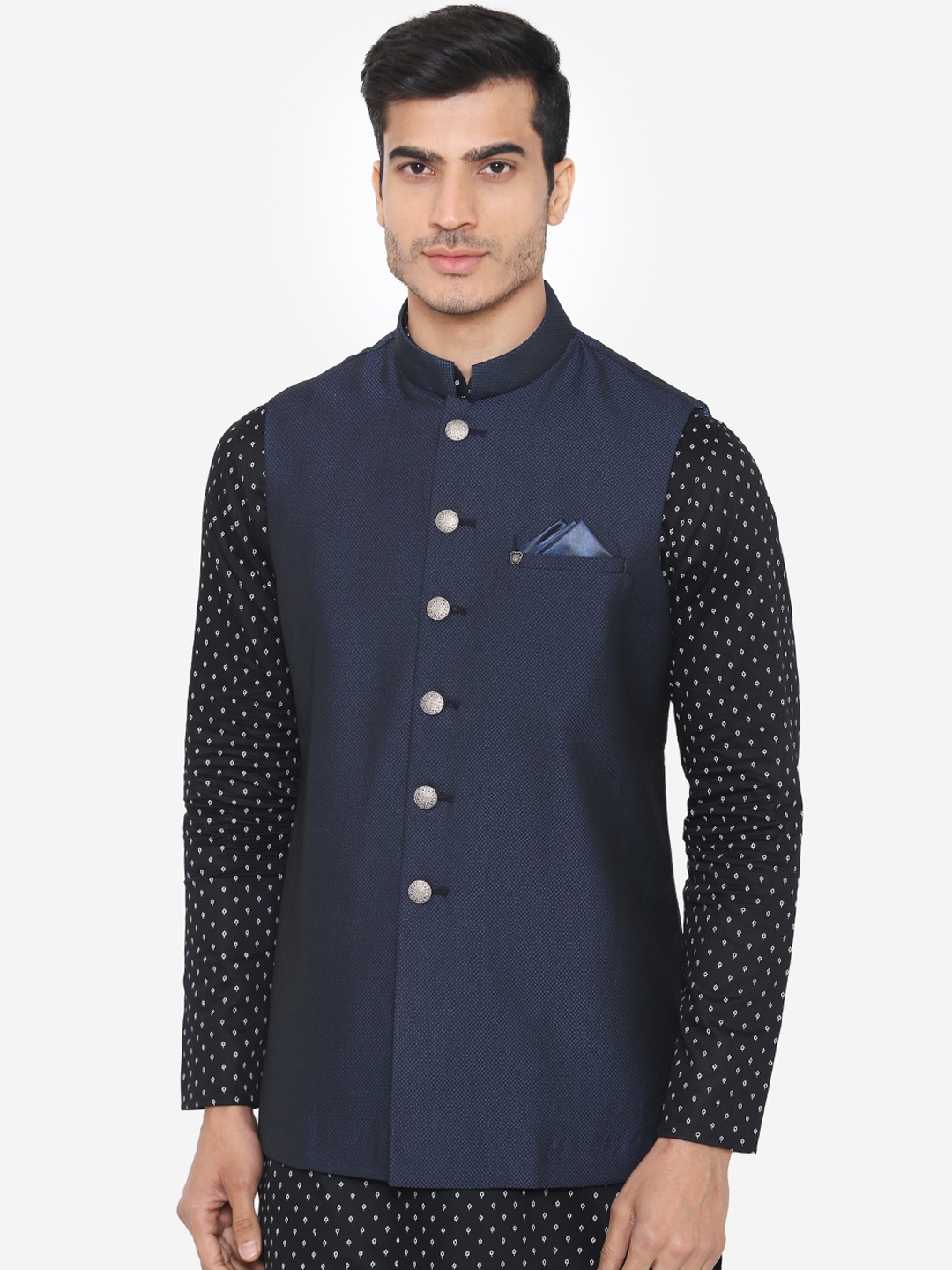 

Manyavar Men Navy Blue & Black Self Design Waistcoat