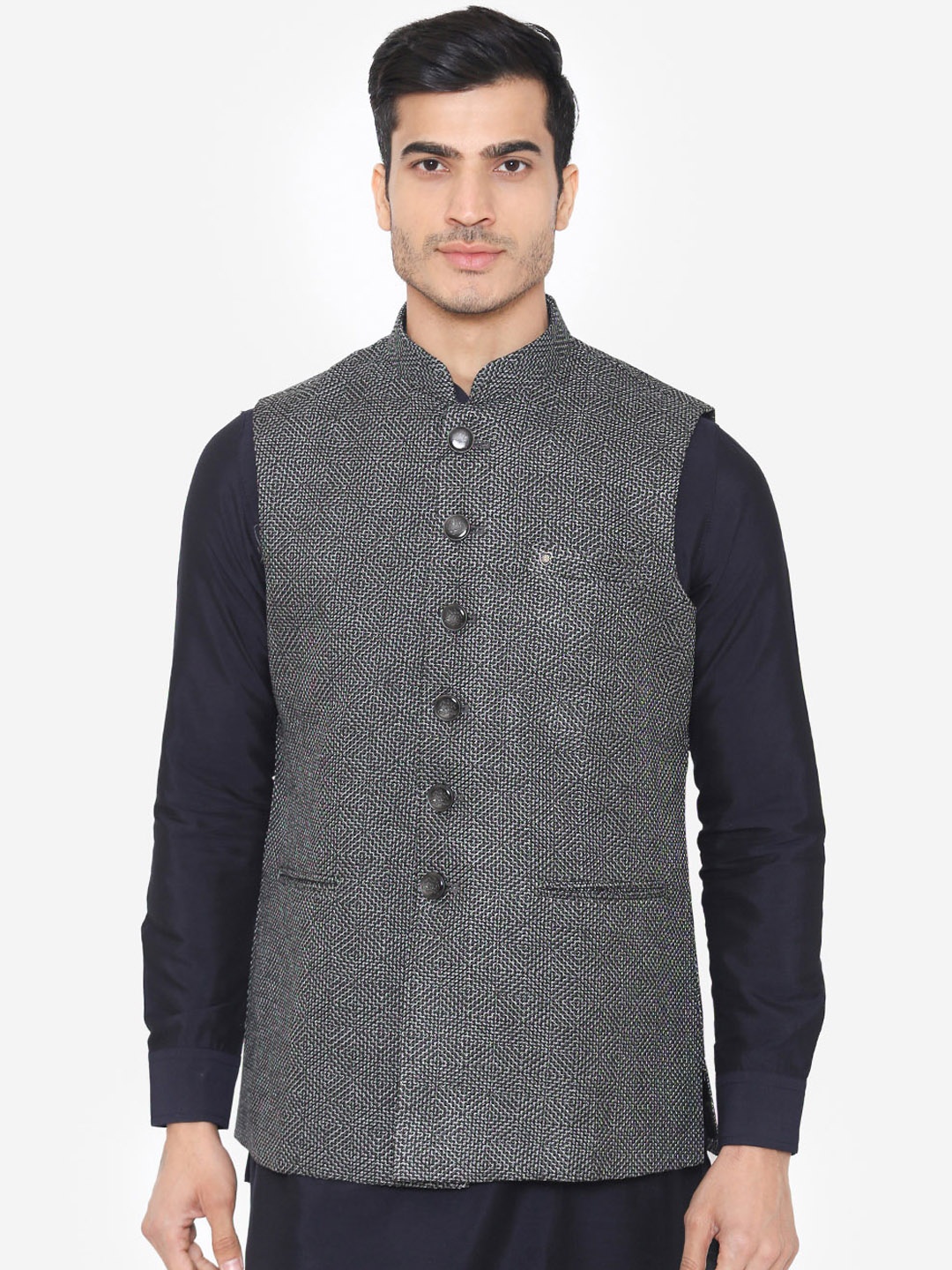 

Manyavar Grey Woven Design Comfort Fit Nehru Jacket