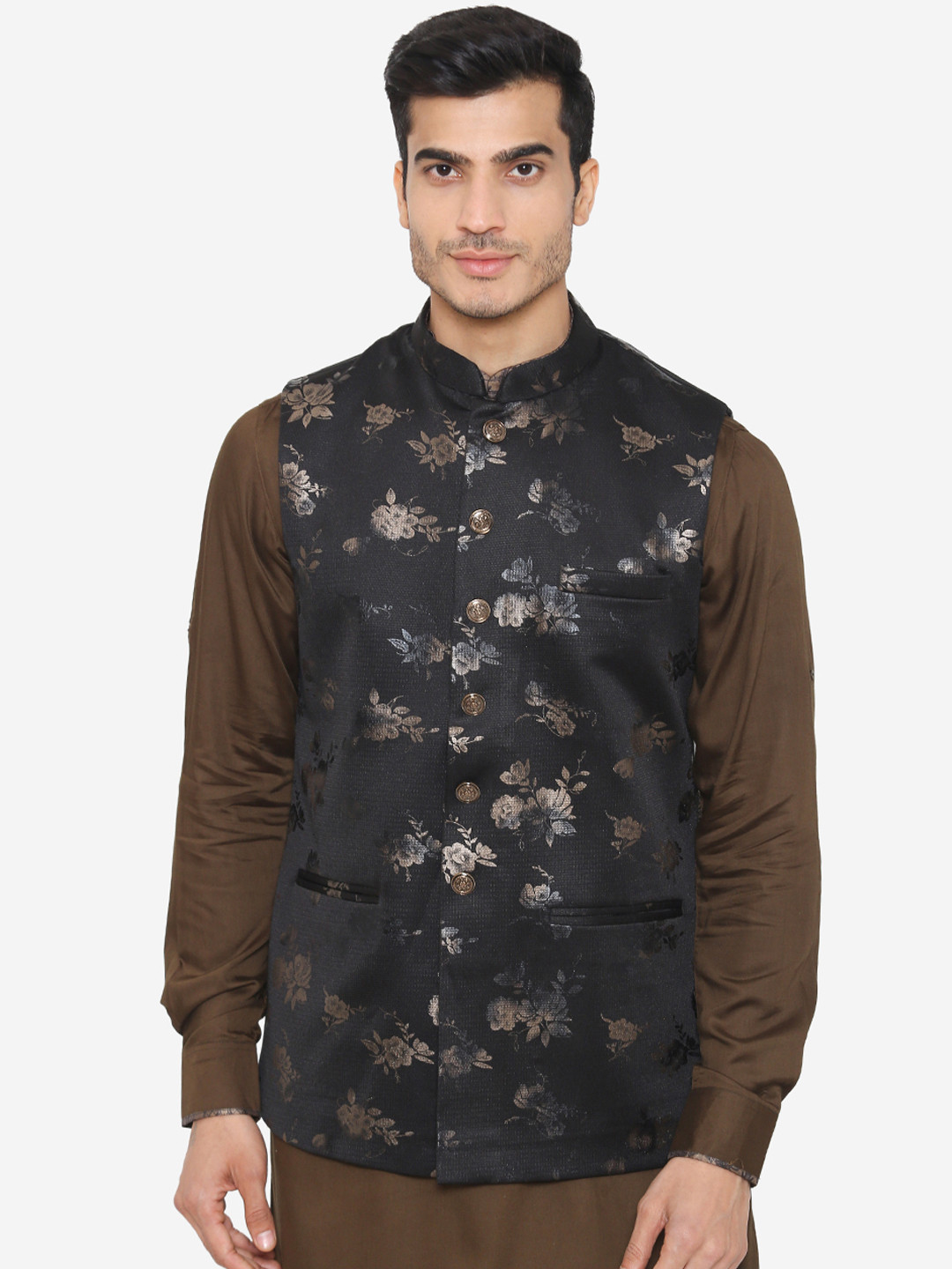 

Manyavar Men Black Floral Printed Nehru Jacket