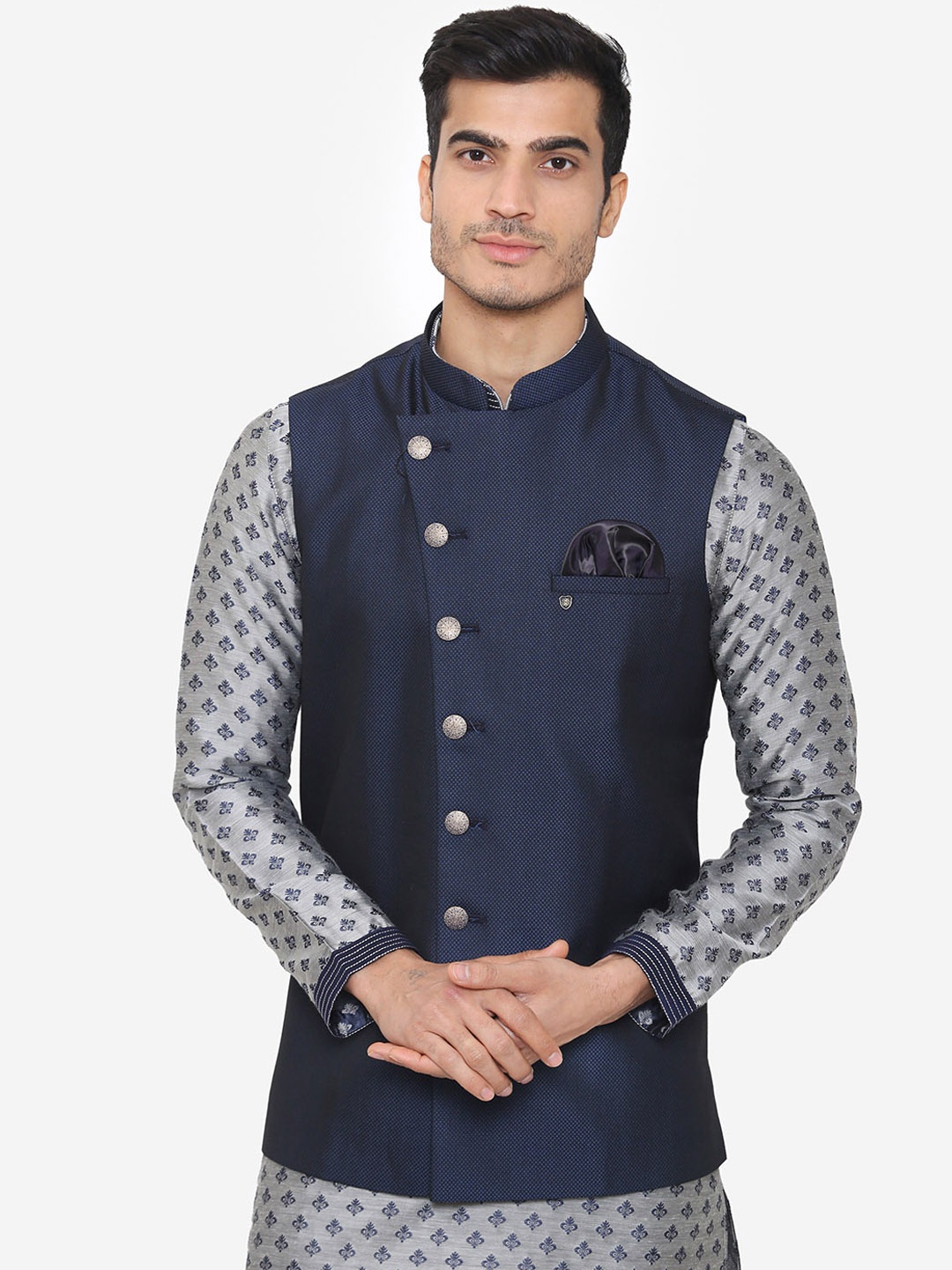 

Manyavar Men Navy Blue Woven Design Nehru Jacket