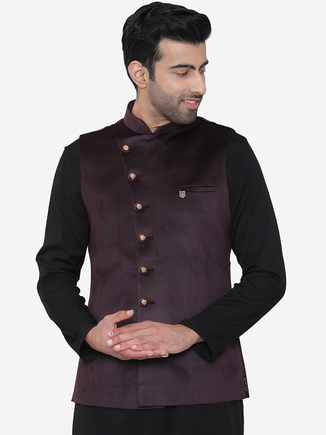 

Manyavar Men Burgundy Woven Design Nehru Jacket