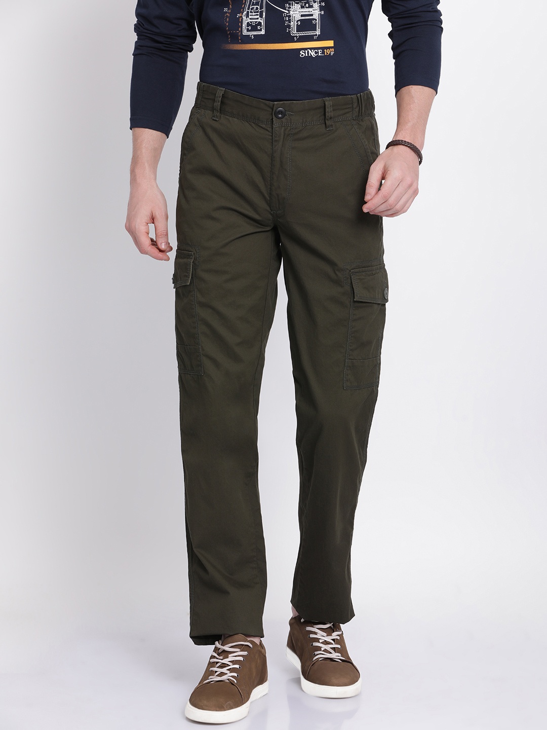 

t-base Men Olive Green Straight Fit Solid Cargos