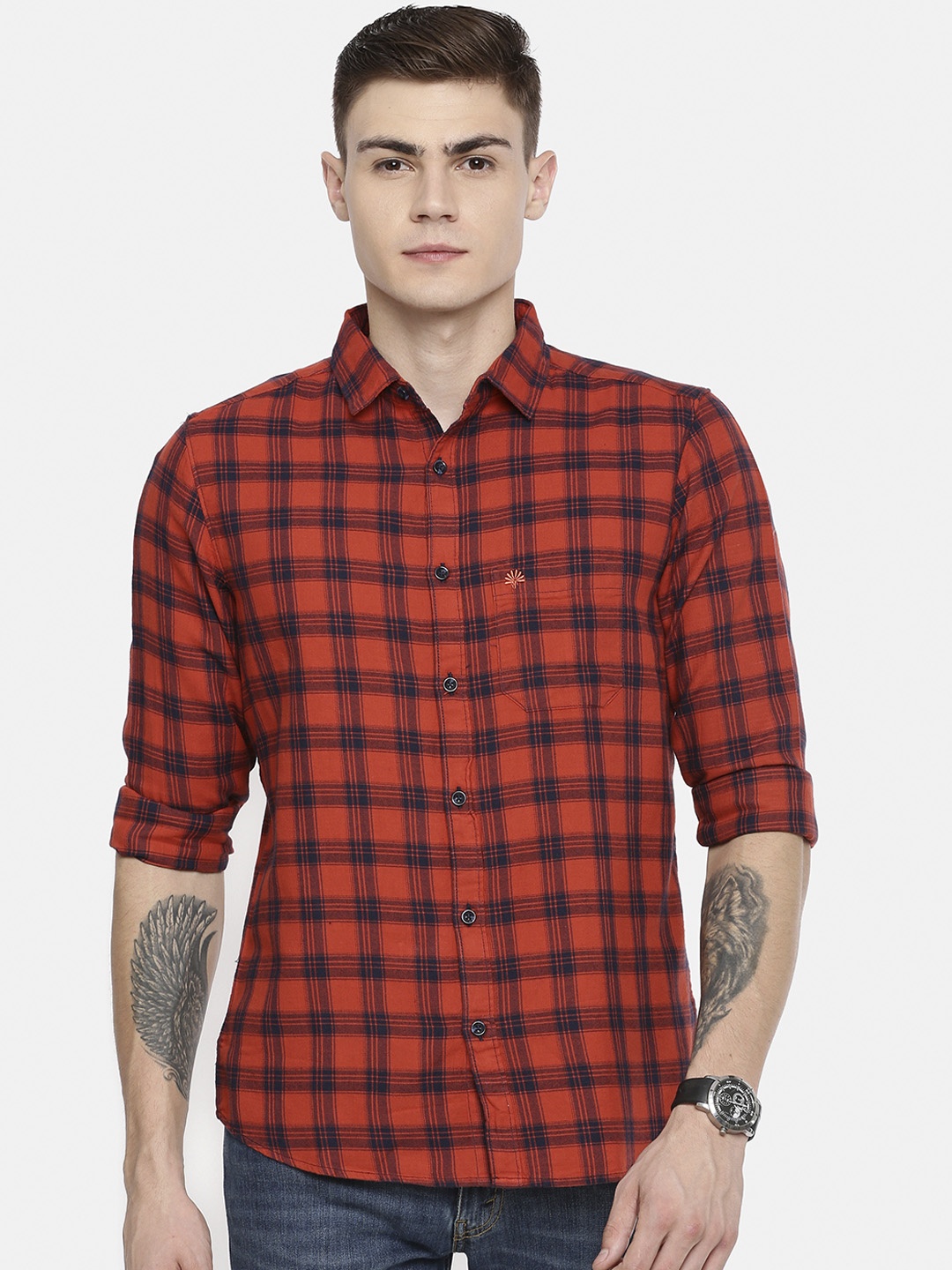 

Chennis Men Orange & Black Slim Fit Checked Casual Shirt