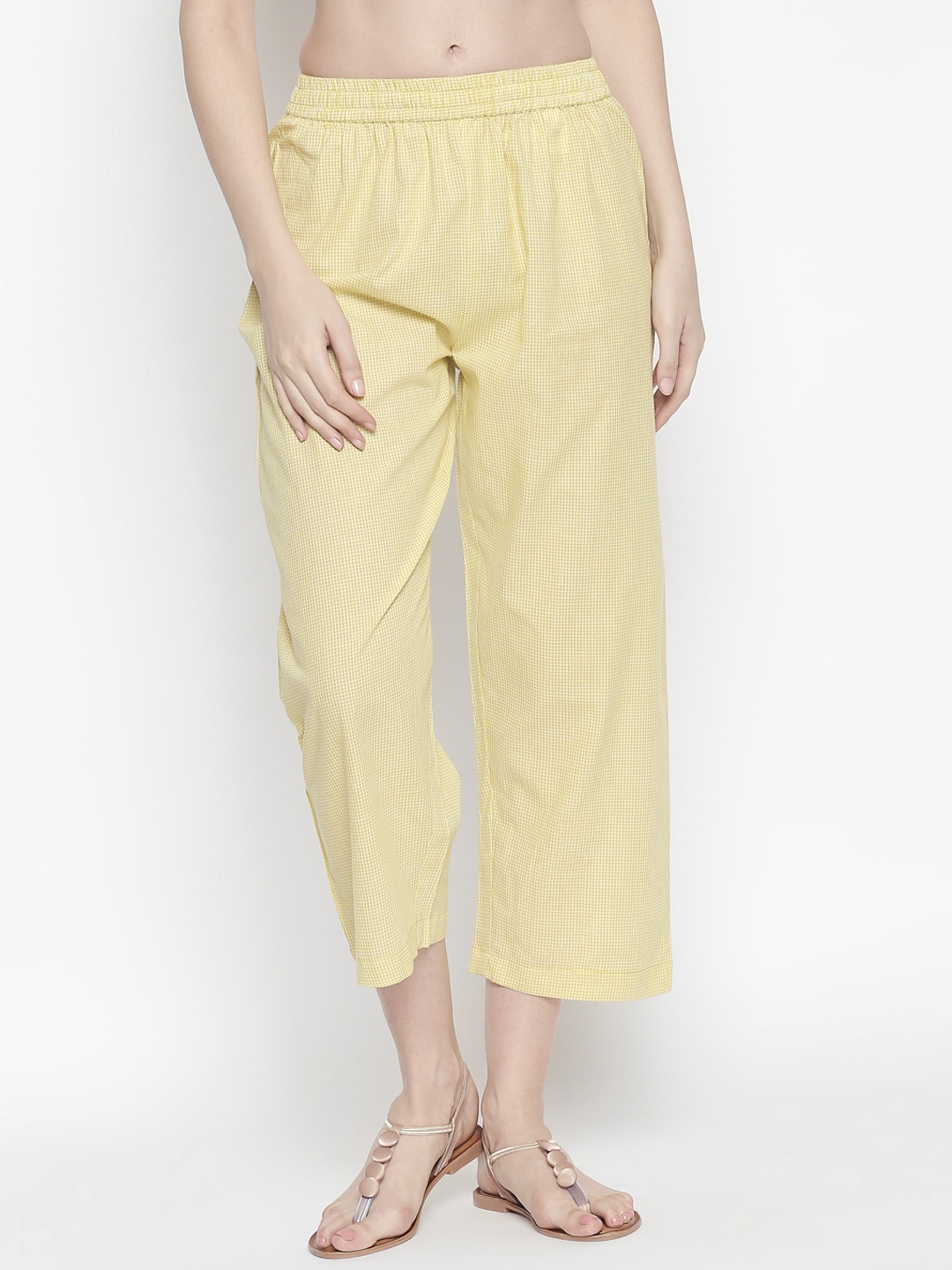 

RANGMANCH BY PANTALOONS Women Yellow & White Regular Fit Checked Parallel Trousers