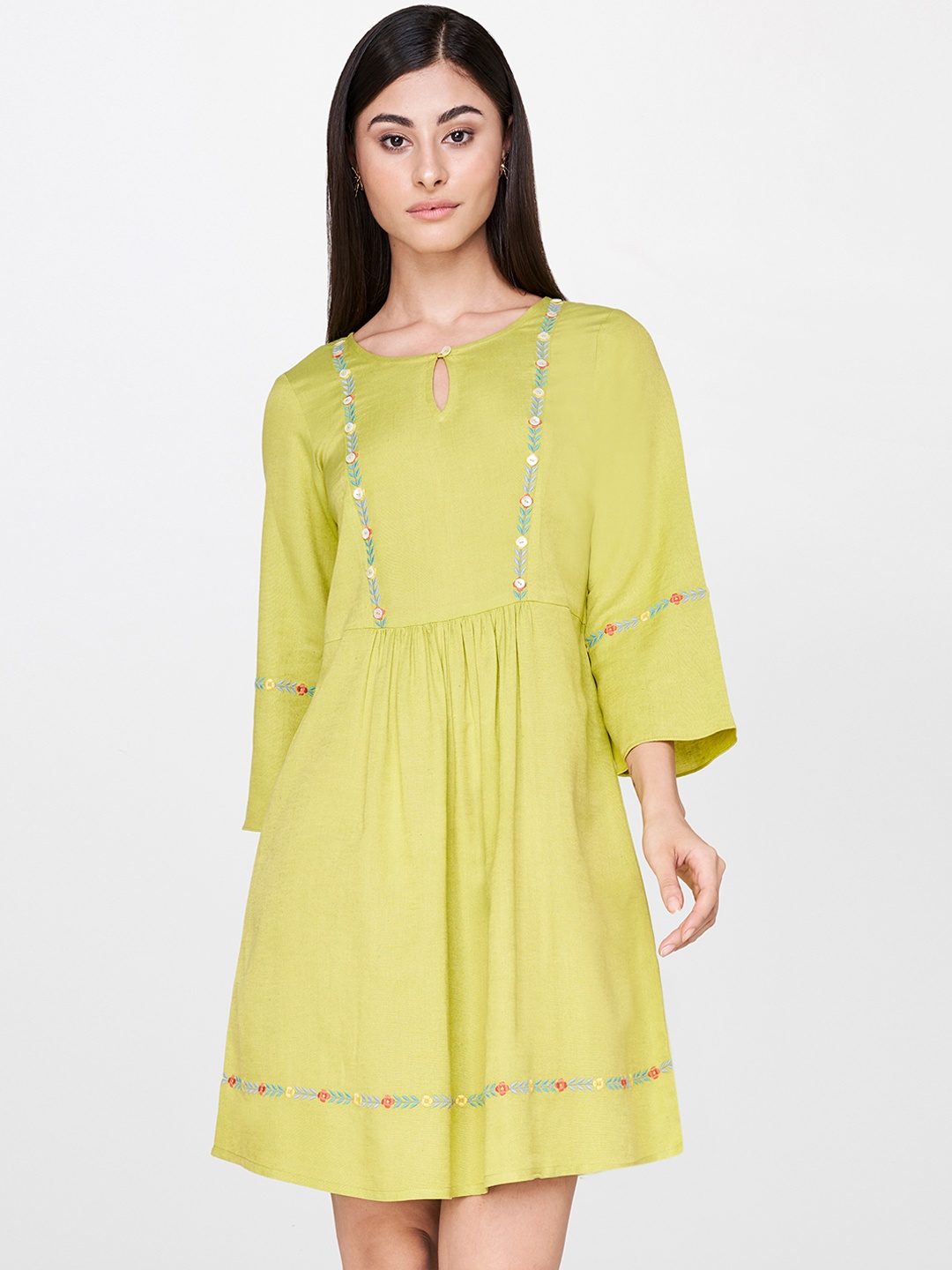 

AND Women Lime Green Solid Fit and Flare Dress