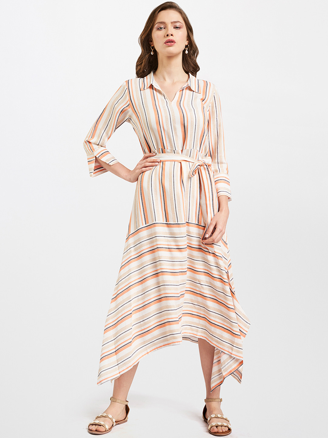 

AND Women Orange & Off-White Striped Fit and Flare Dress