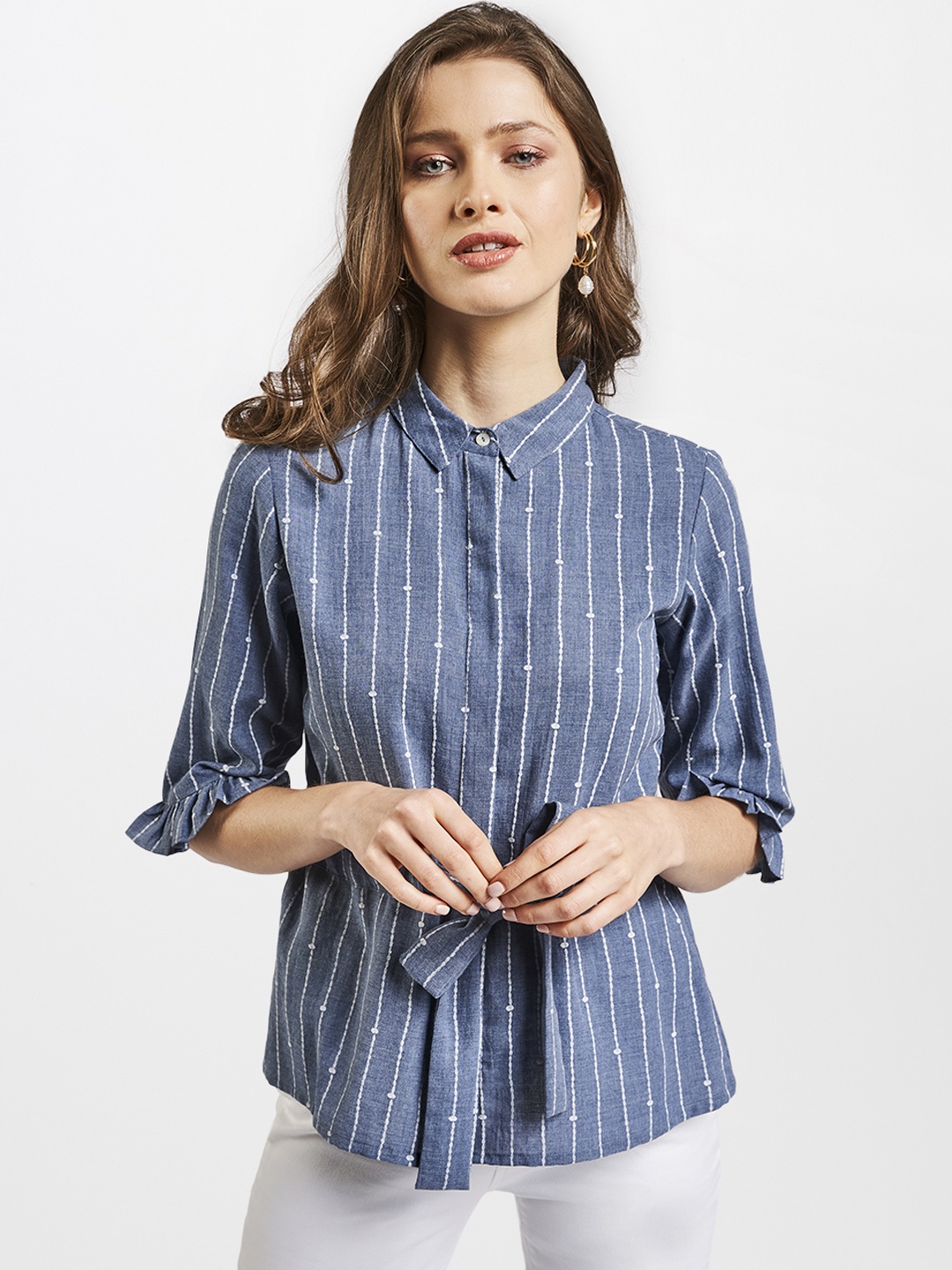 

AND Women Blue Striped Shirt Style Top