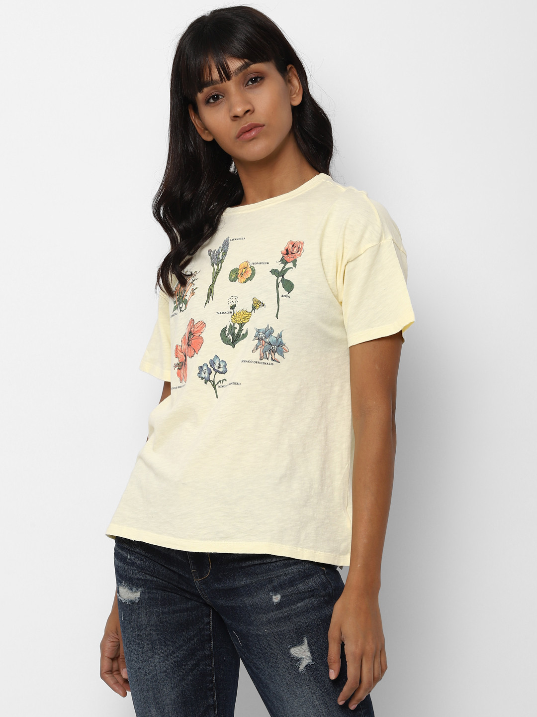 

AMERICAN EAGLE OUTFITTERS Women Yellow Printed Round Neck T-shirt