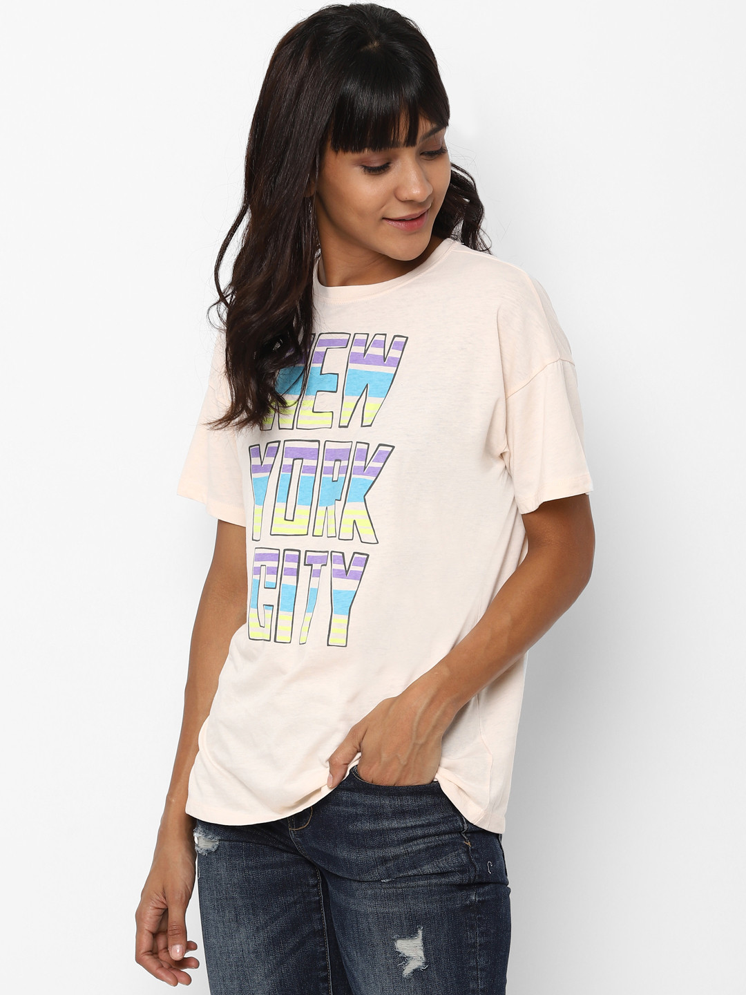 

AMERICAN EAGLE OUTFITTERS Women Peach-Coloured Printed Round Neck T-shirt